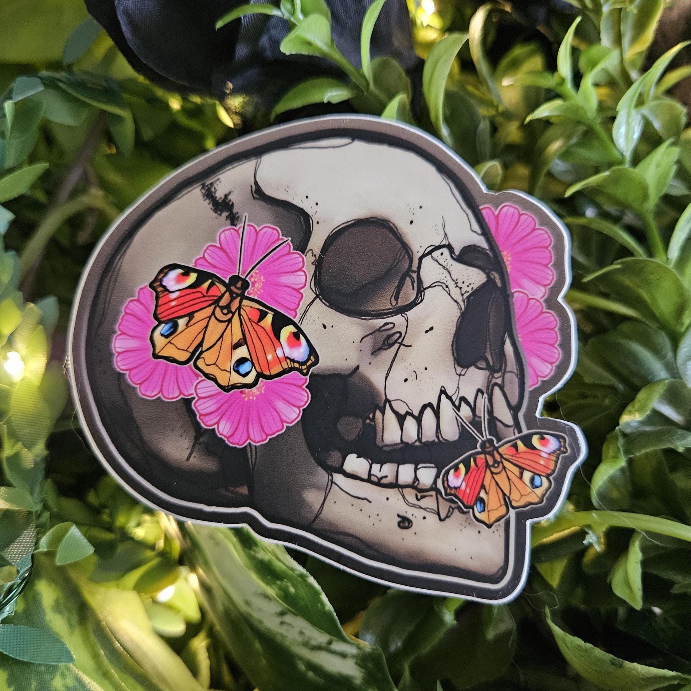 MATTE STICKER: Flourish Skull with Zinnia and Peacock Butterflies , Skull Sticker , Sketchy Skull Art , Floral Skull Sticker