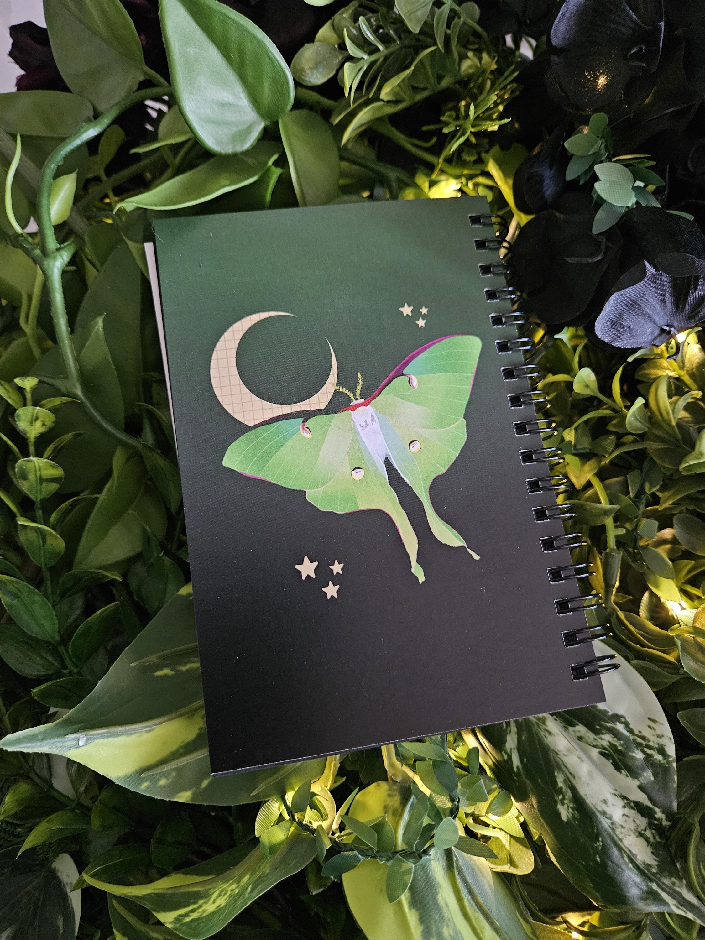 4x6 HANDMADE SPIRAL NOTEBOOK: Luna Moth and Moon Acornandcrowstudio
