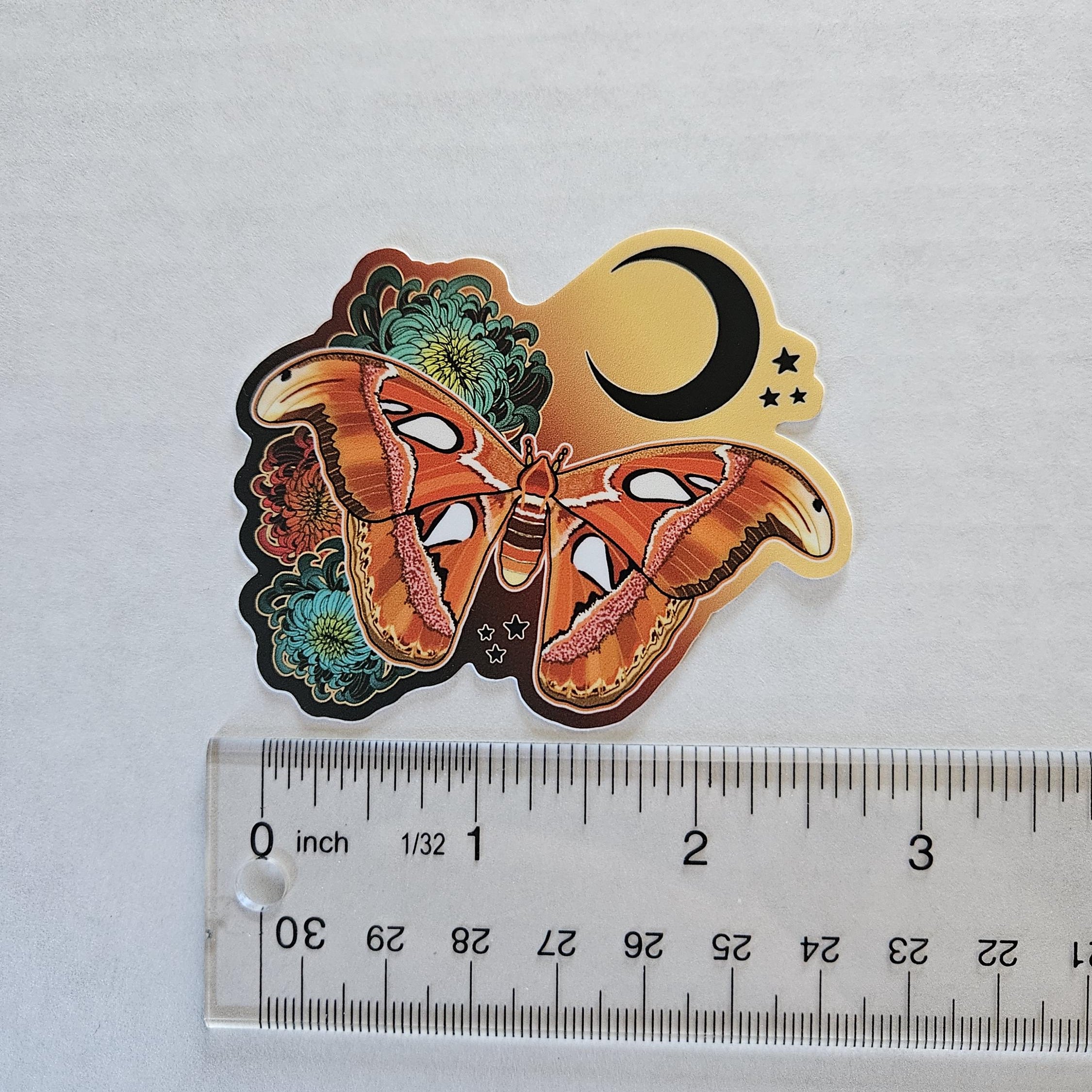 MATTE STICKER: Atlas Moth and Chrysanthemums Acornandcrowstudio