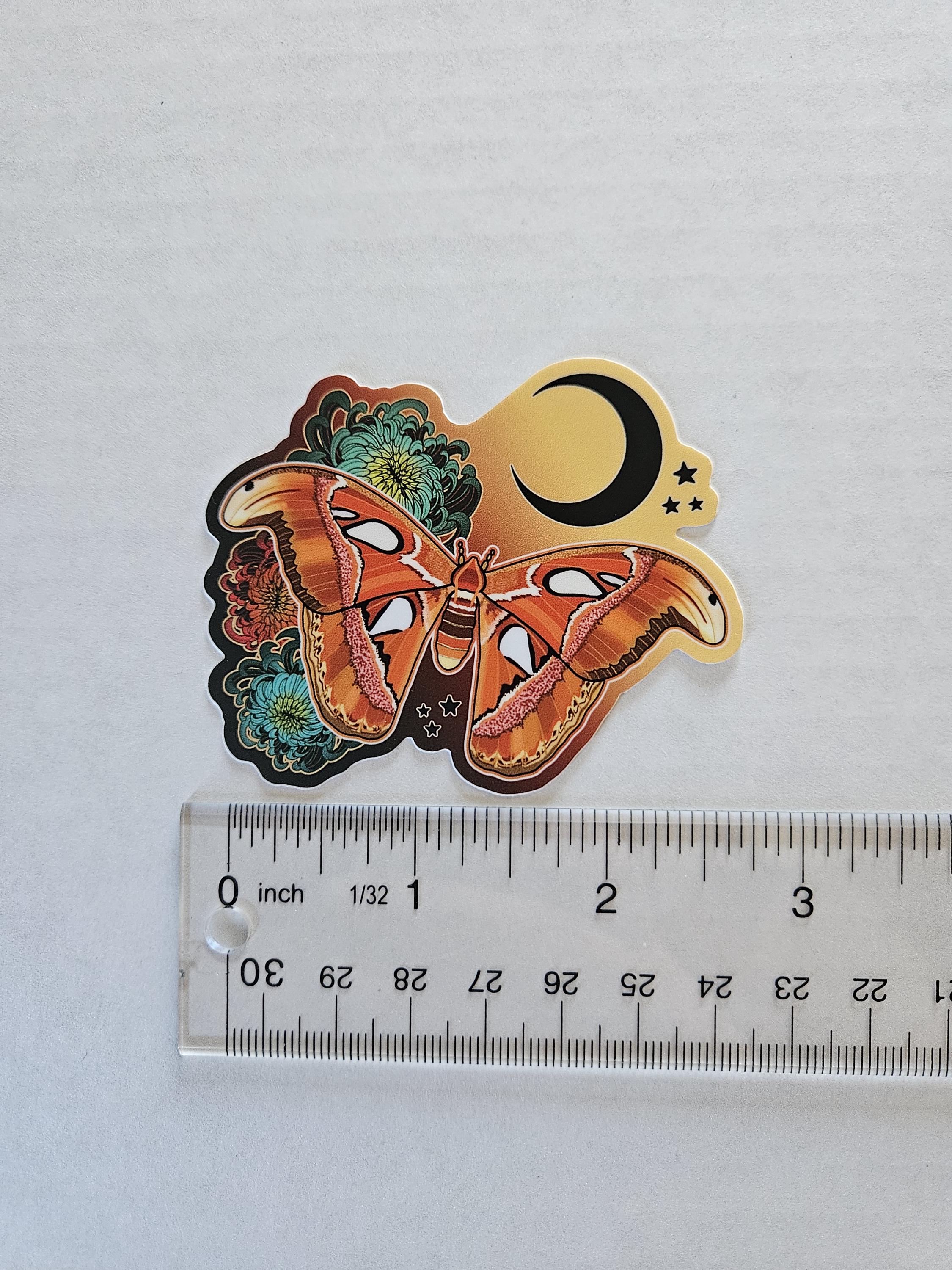 MATTE STICKER: Atlas Moth and Chrysanthemums Acornandcrowstudio