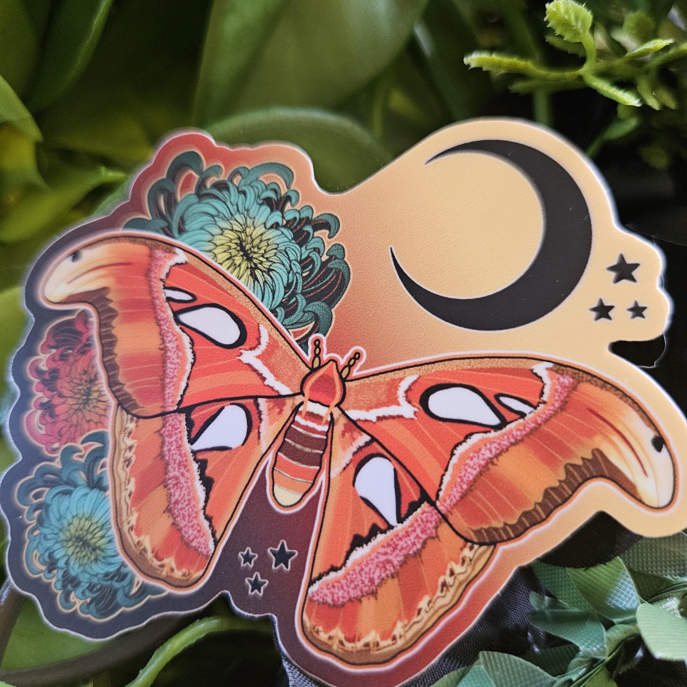 MATTE STICKER: Atlas Moth and Chrysanthemums Acornandcrowstudio