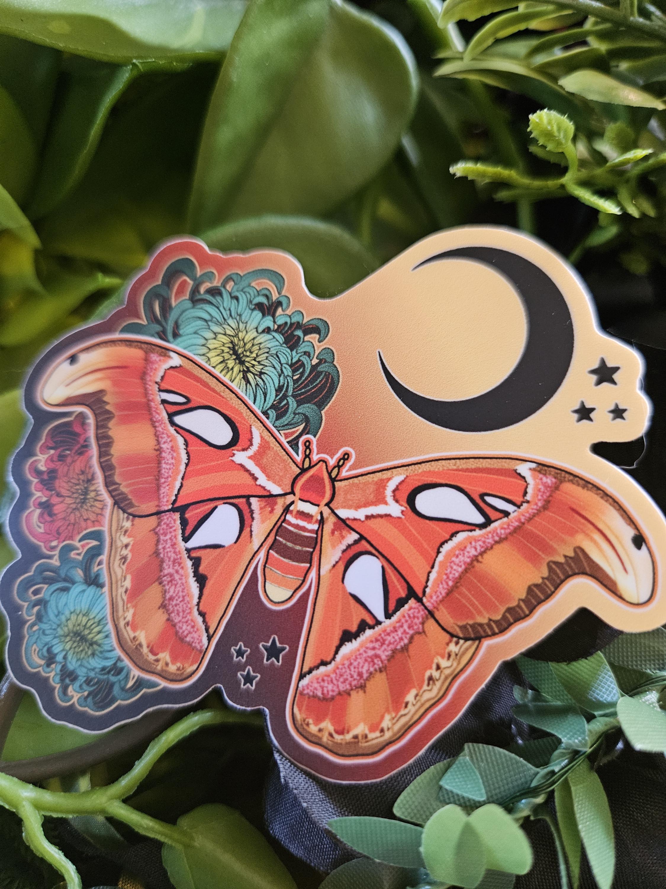 MATTE STICKER: Atlas Moth and Chrysanthemums Acornandcrowstudio