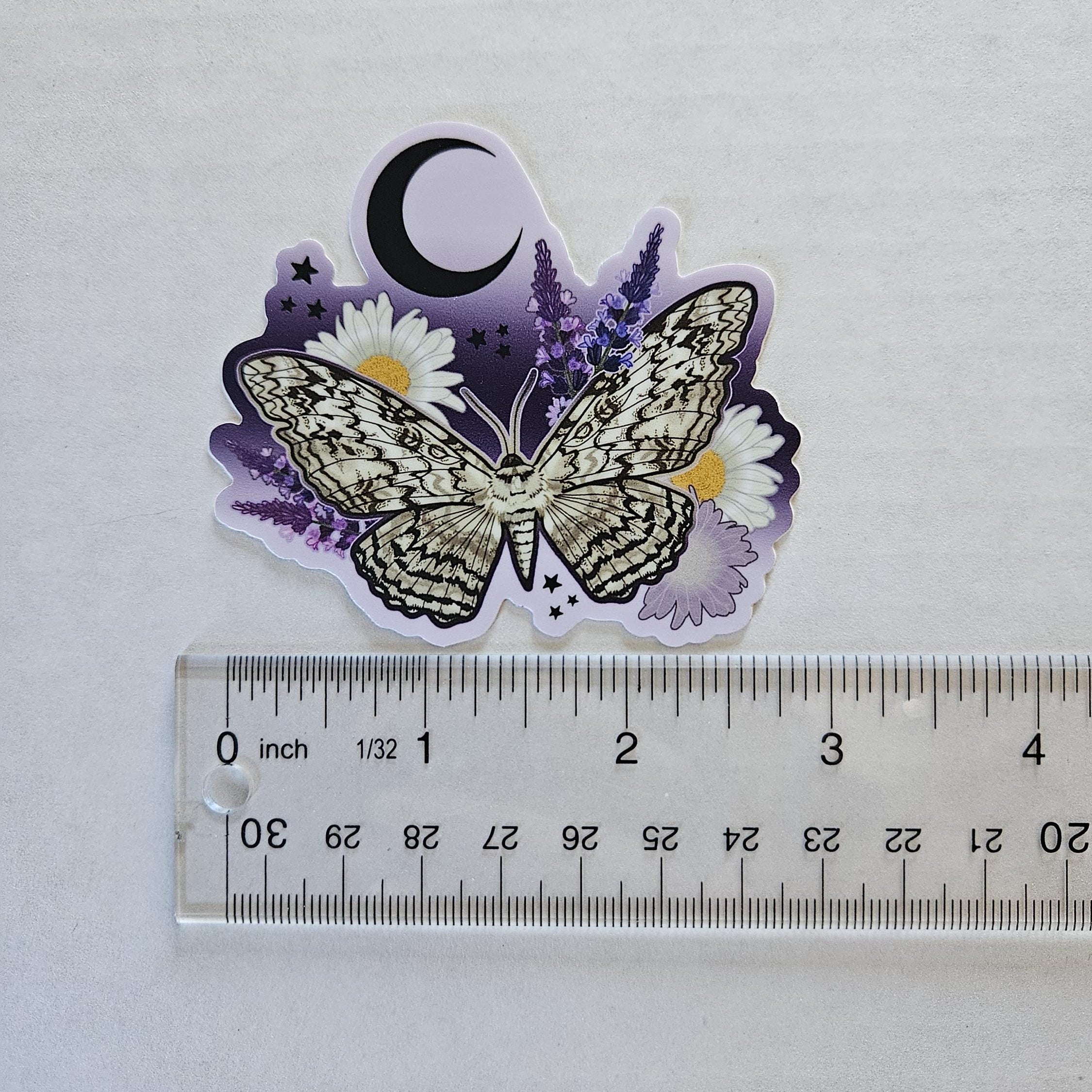 MATTE STICKER: White Witch Moth with Daisies and Lavender Acornandcrowstudio