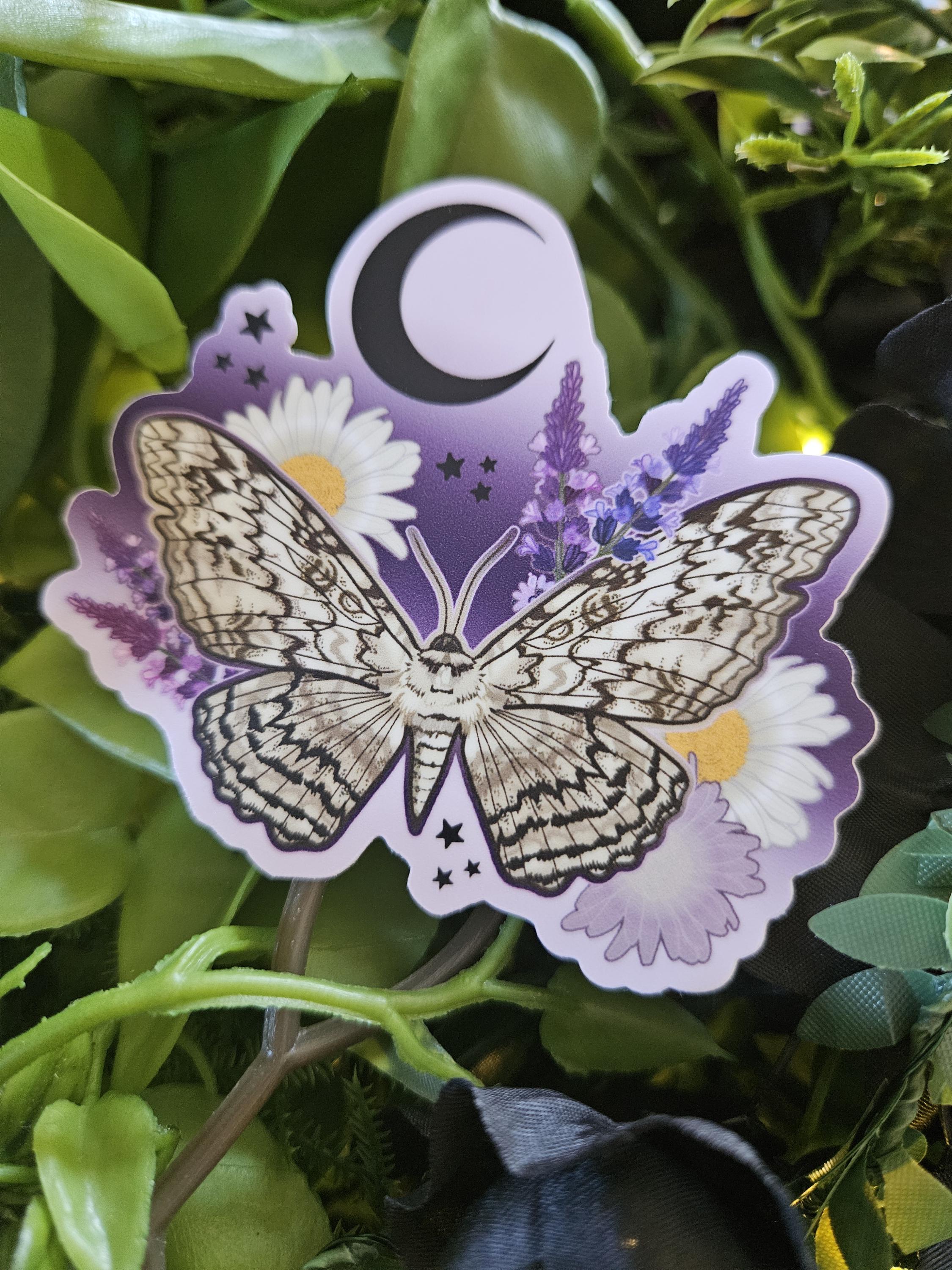 MATTE STICKER: White Witch Moth with Daisies and Lavender Acornandcrowstudio