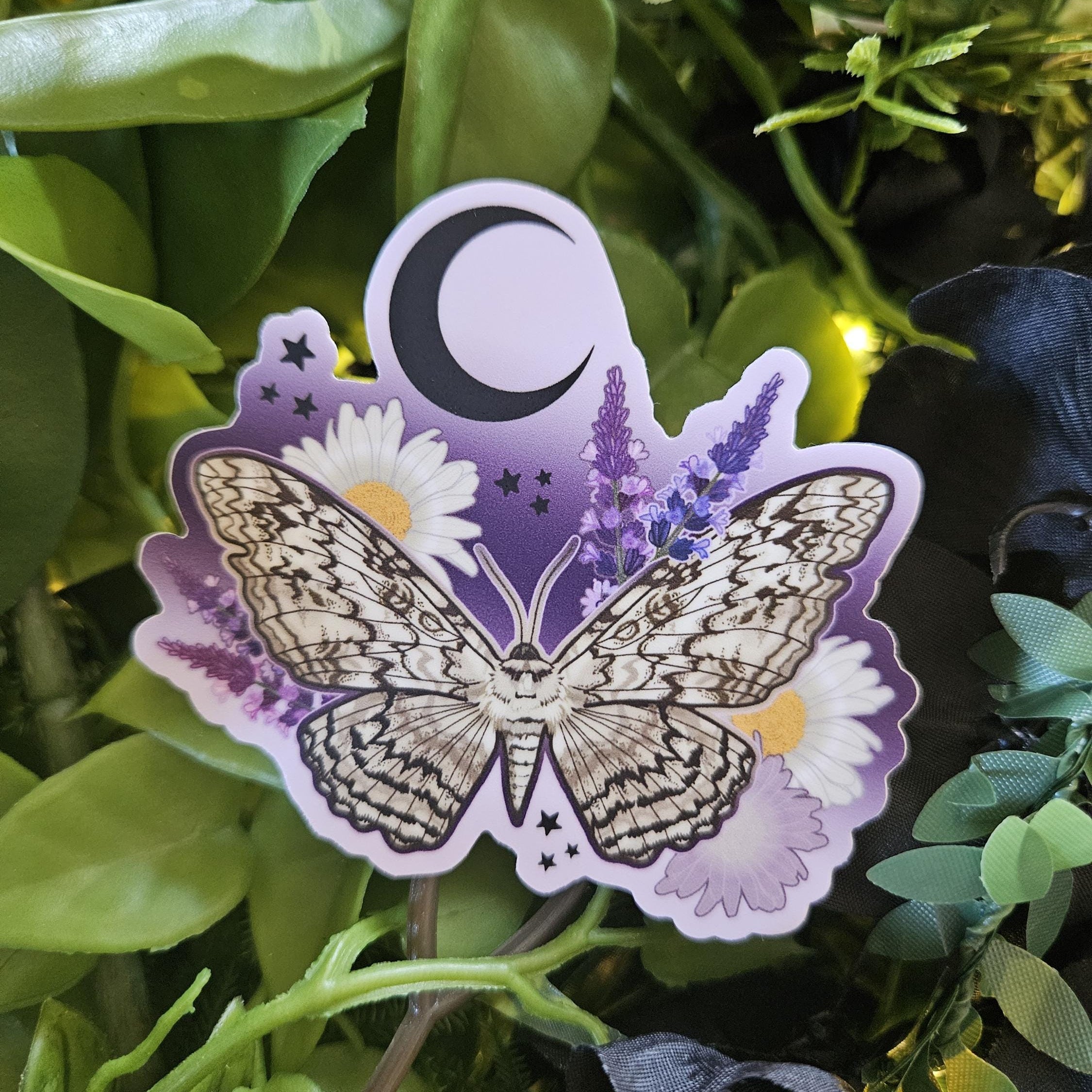 MATTE STICKER: White Witch Moth with Daisies and Lavender Acornandcrowstudio