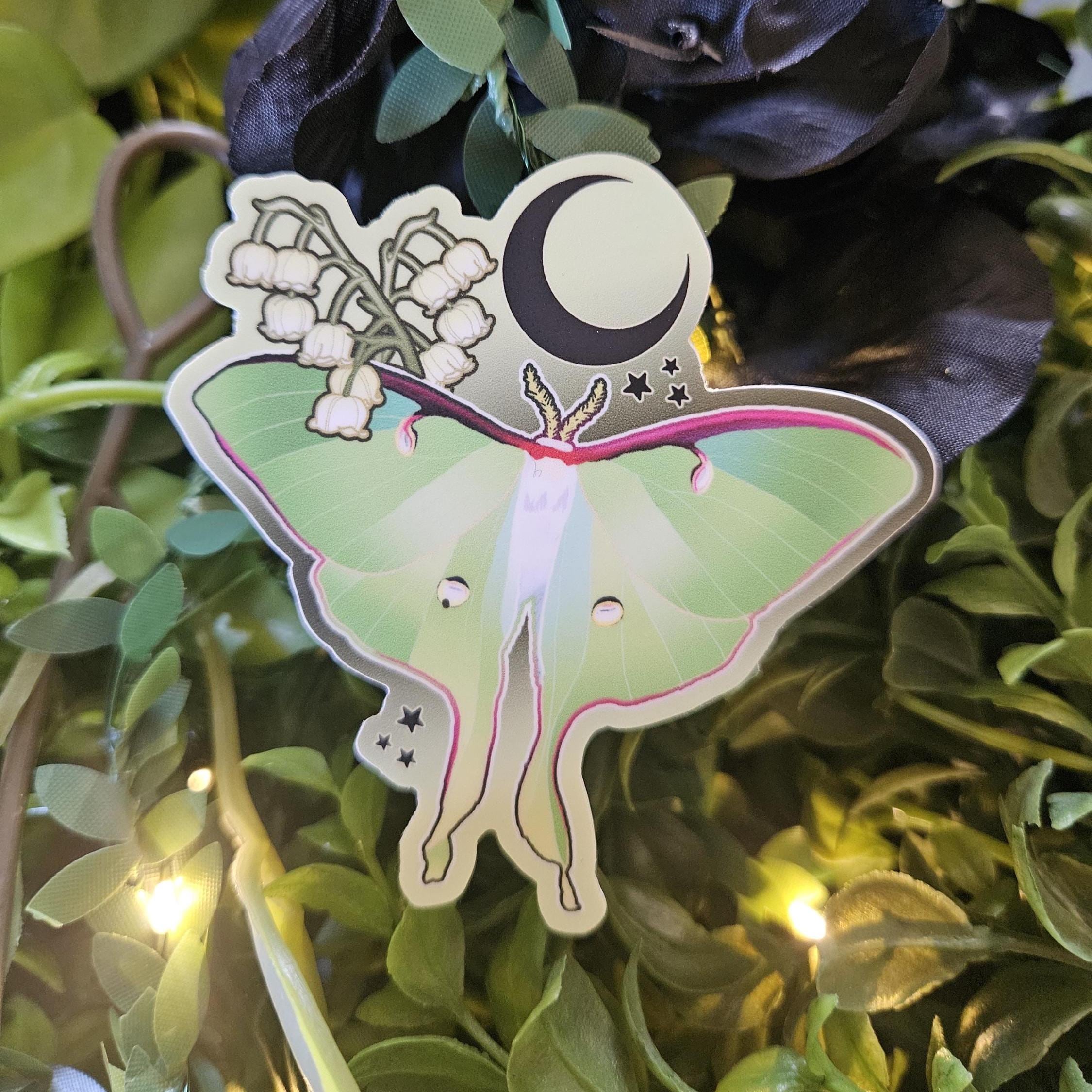 MATTE STICKER: Luna Moth and Lily of the Valley Acornandcrowstudio