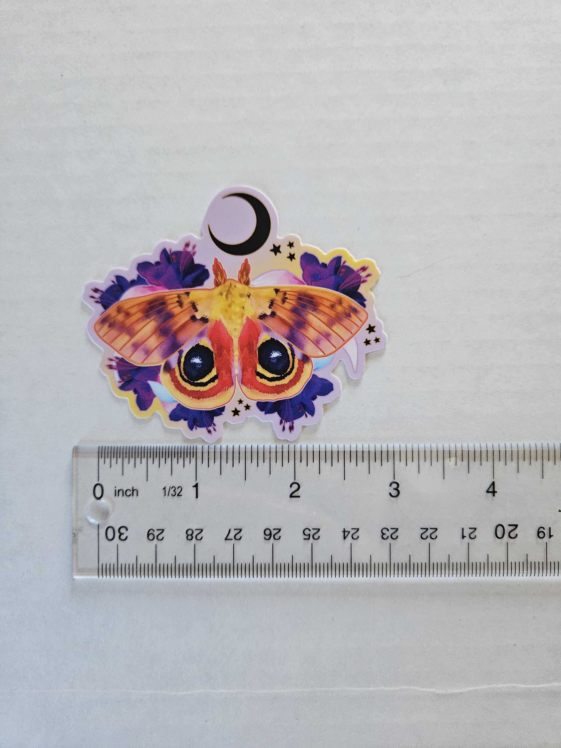 MATTE STICKER: Io Moth with Fuchsia Flowers Acornandcrowstudio