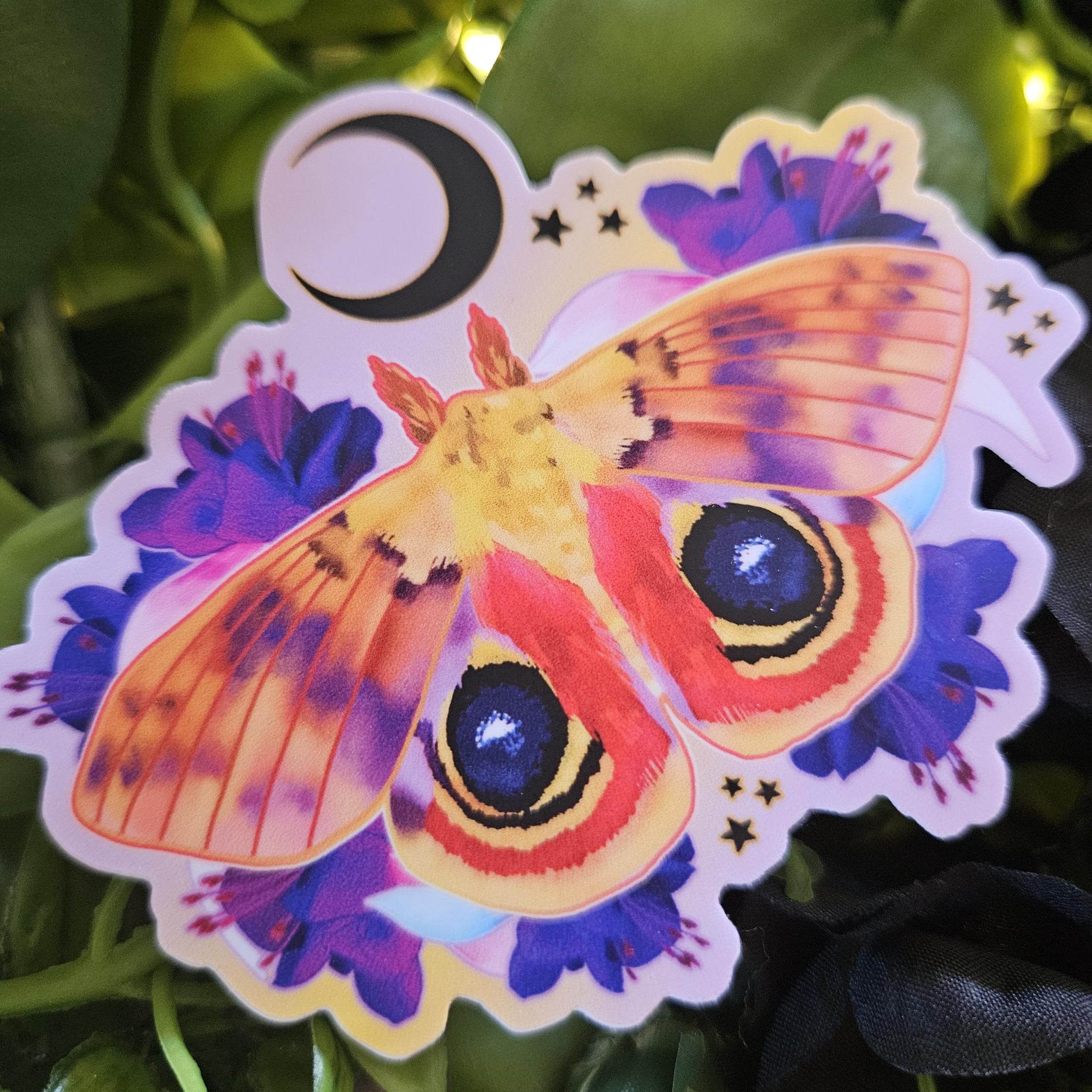 MATTE STICKER: Io Moth with Fuchsia Flowers Acornandcrowstudio