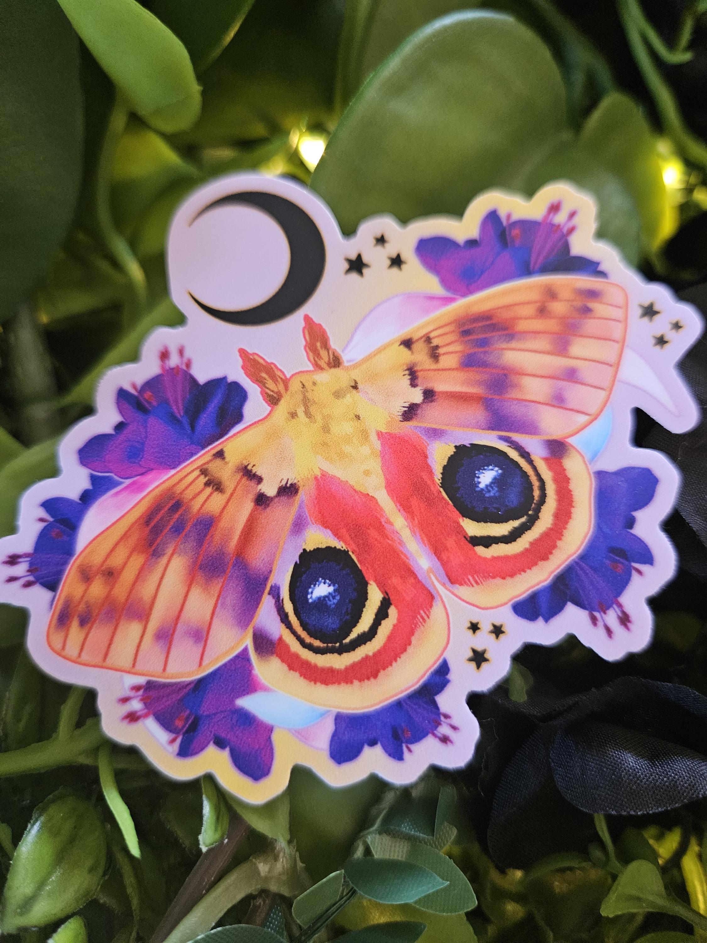 MATTE STICKER: Io Moth with Fuchsia Flowers Acornandcrowstudio