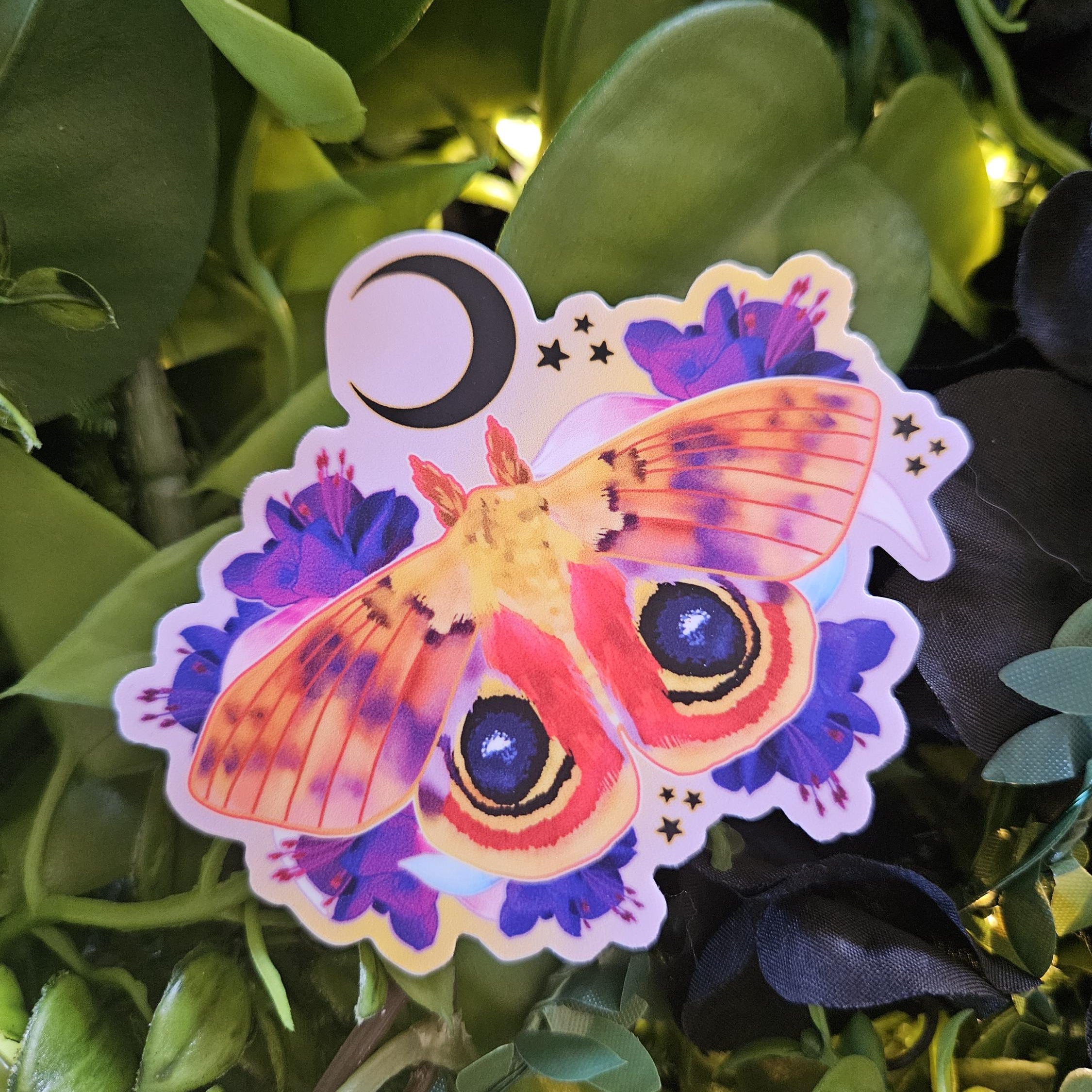 MATTE STICKER: Io Moth with Fuchsia Flowers Acornandcrowstudio