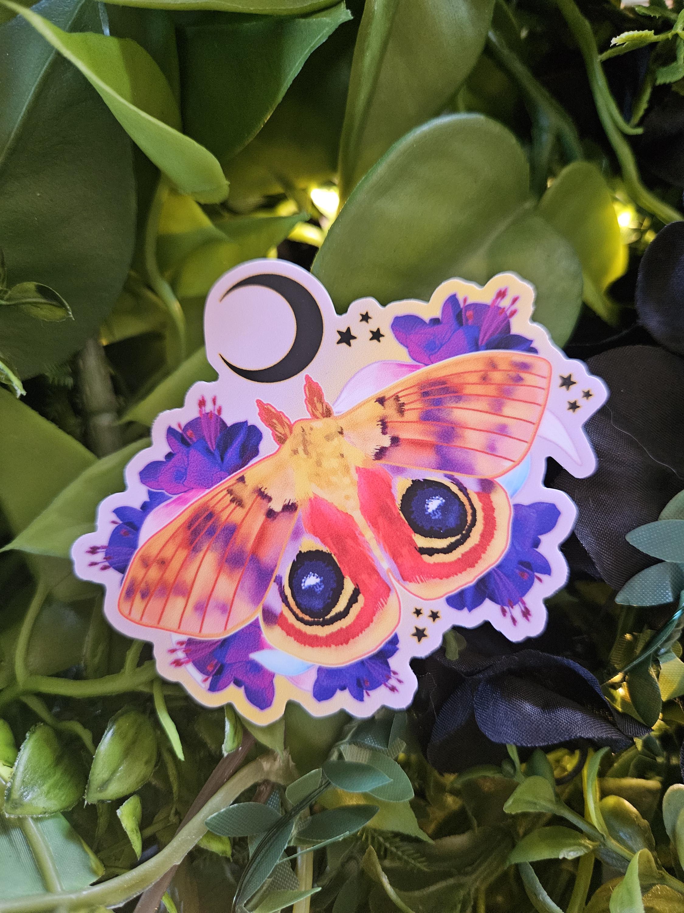 MATTE STICKER: Io Moth with Fuchsia Flowers Acornandcrowstudio