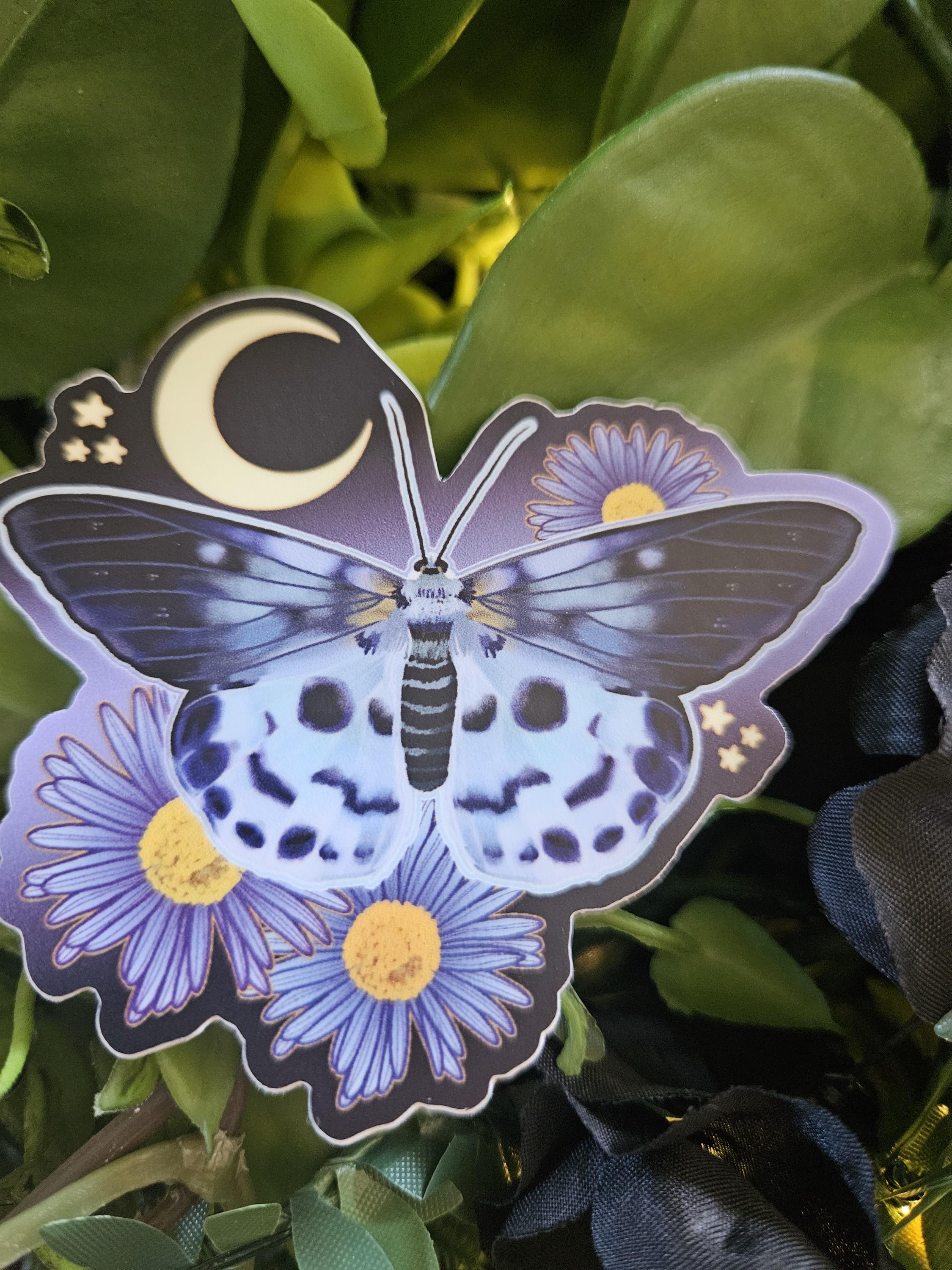 MATTE STICKER: Blue Tiger Moth with Aster Flowers Acornandcrowstudio