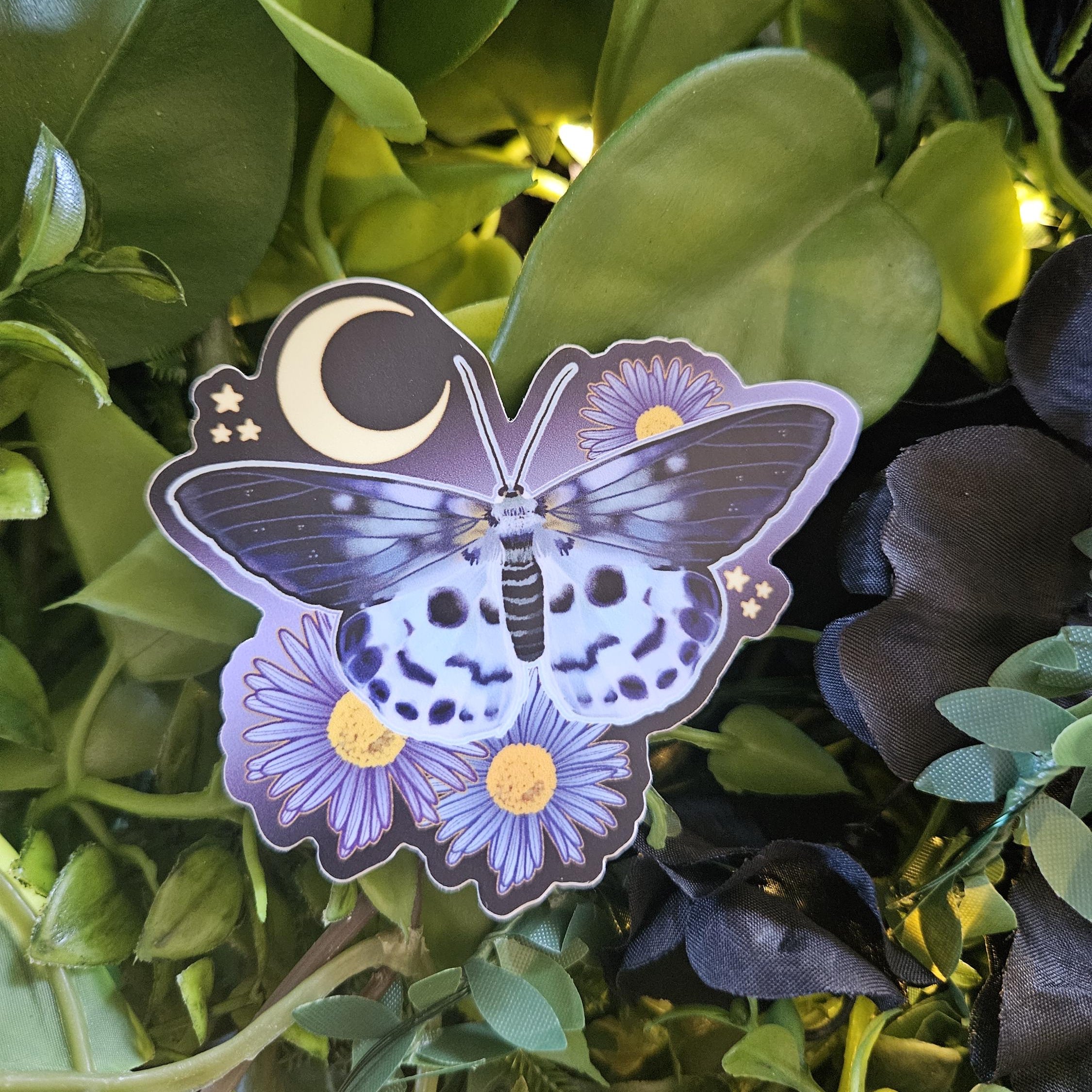 MATTE STICKER: Blue Tiger Moth with Aster Flowers Acornandcrowstudio