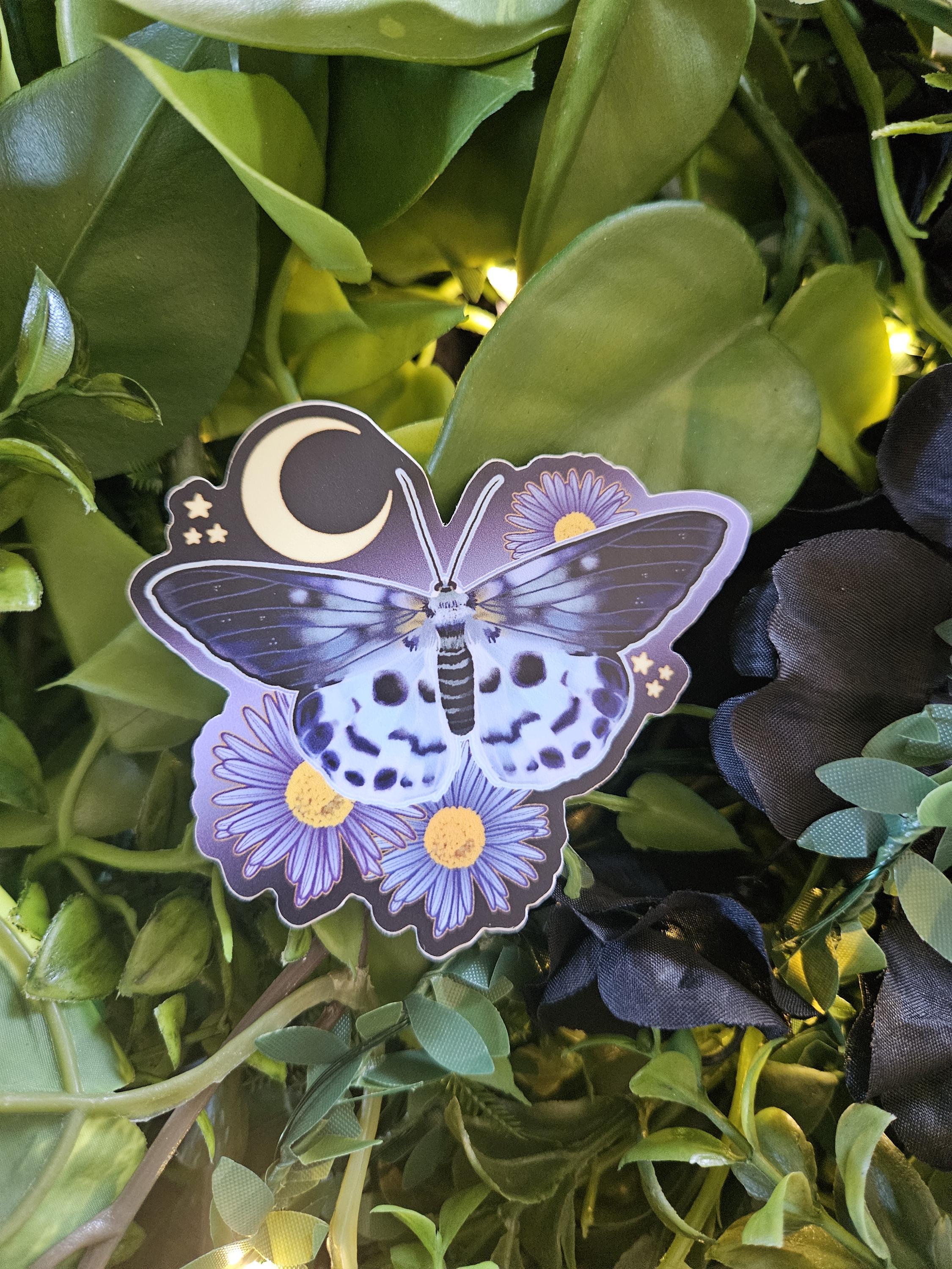MATTE STICKER: Blue Tiger Moth with Aster Flowers Acornandcrowstudio