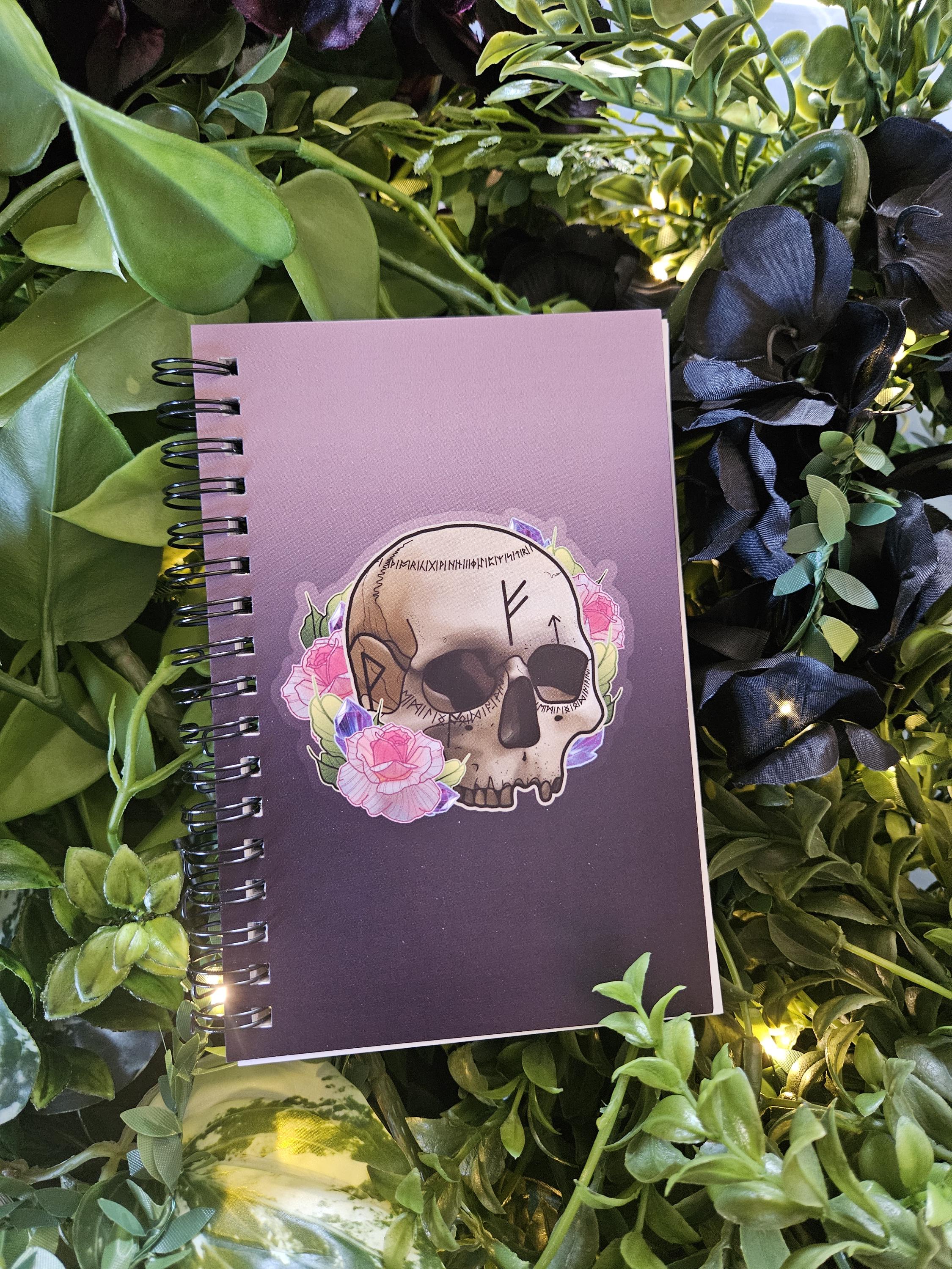 4x6 HANDMADE SPIRAL NOTEBOOK: Rune Skull with Roses Acornandcrowstudio