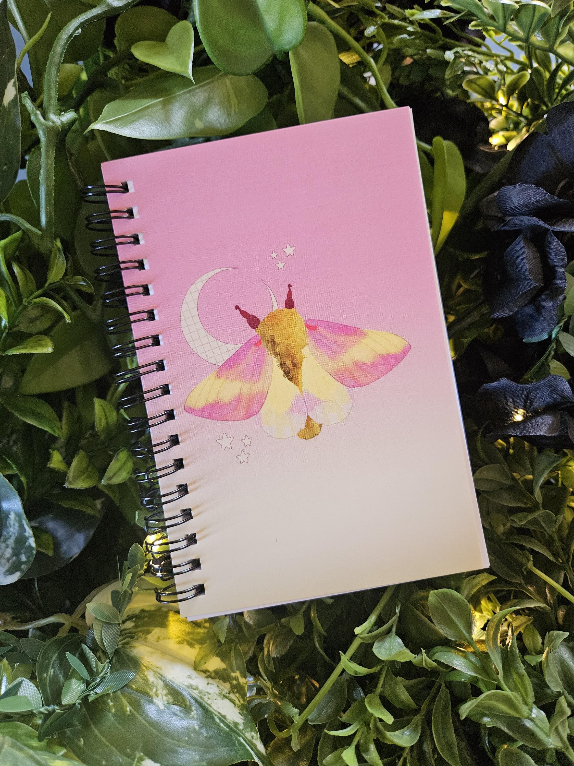 4x6 HANDMADE SPIRAL NOTEBOOK: Rosy Maple Moth Acornandcrowstudio