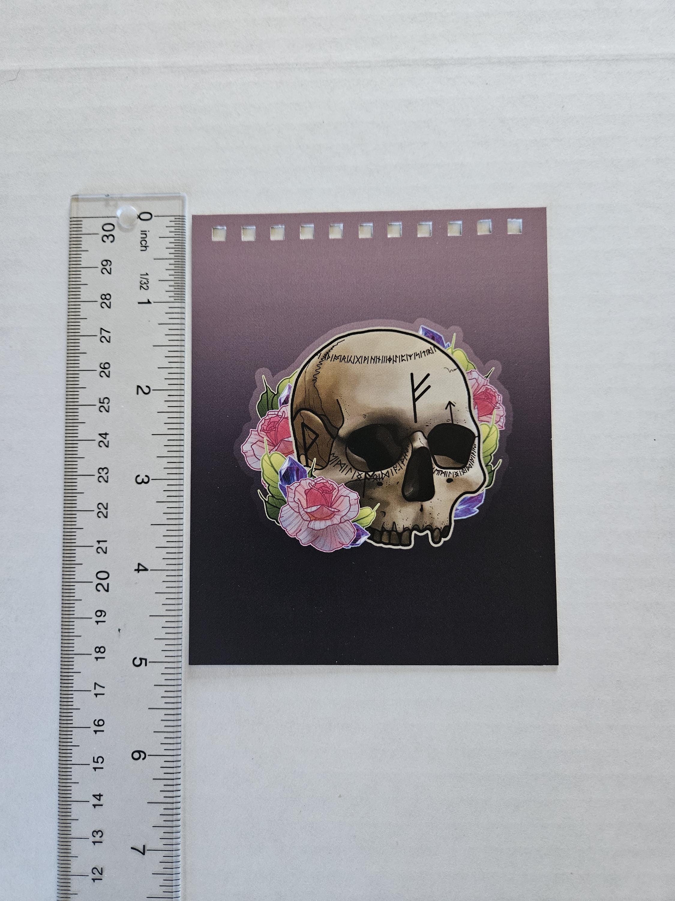 4x5 inches HANDMADE Top Bound SPIRAL NOTEBOOK: Rune Skull with Roses Acornandcrowstudio
