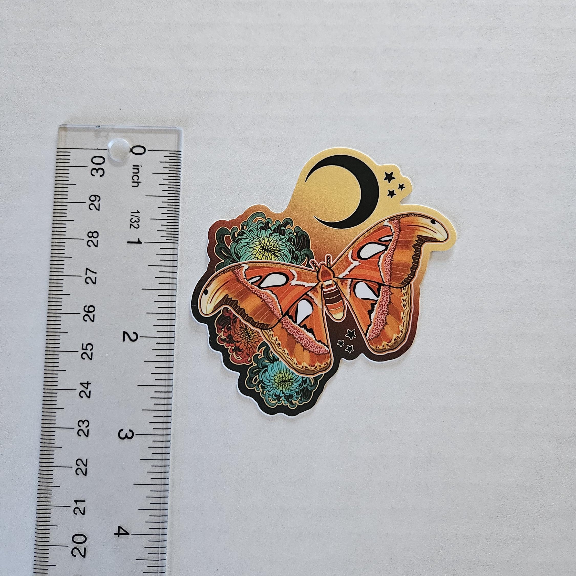 MATTE STICKER: Atlas Moth and Chrysanthemums Acornandcrowstudio