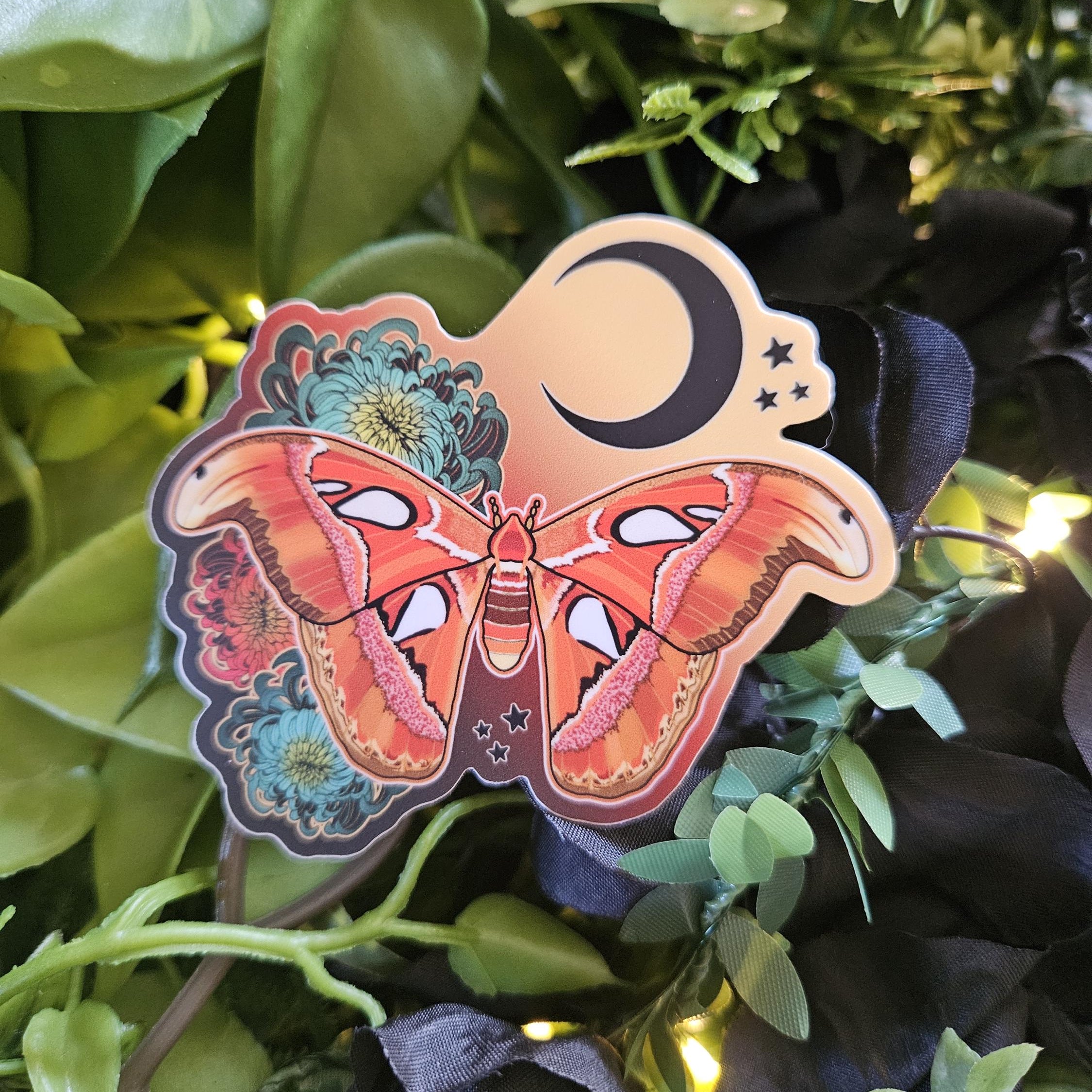 MATTE STICKER: Atlas Moth and Chrysanthemums Acornandcrowstudio