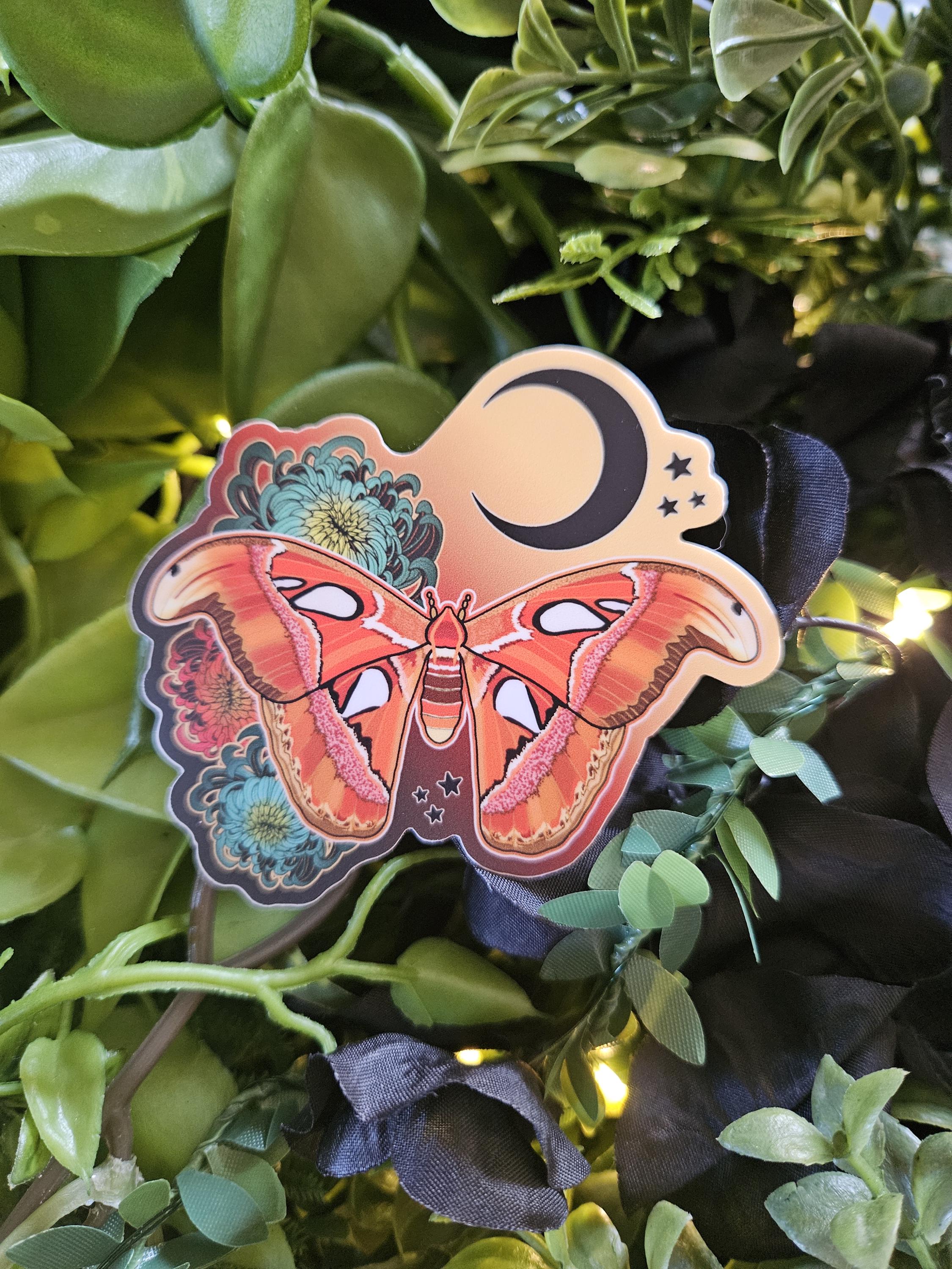 MATTE STICKER: Atlas Moth and Chrysanthemums Acornandcrowstudio