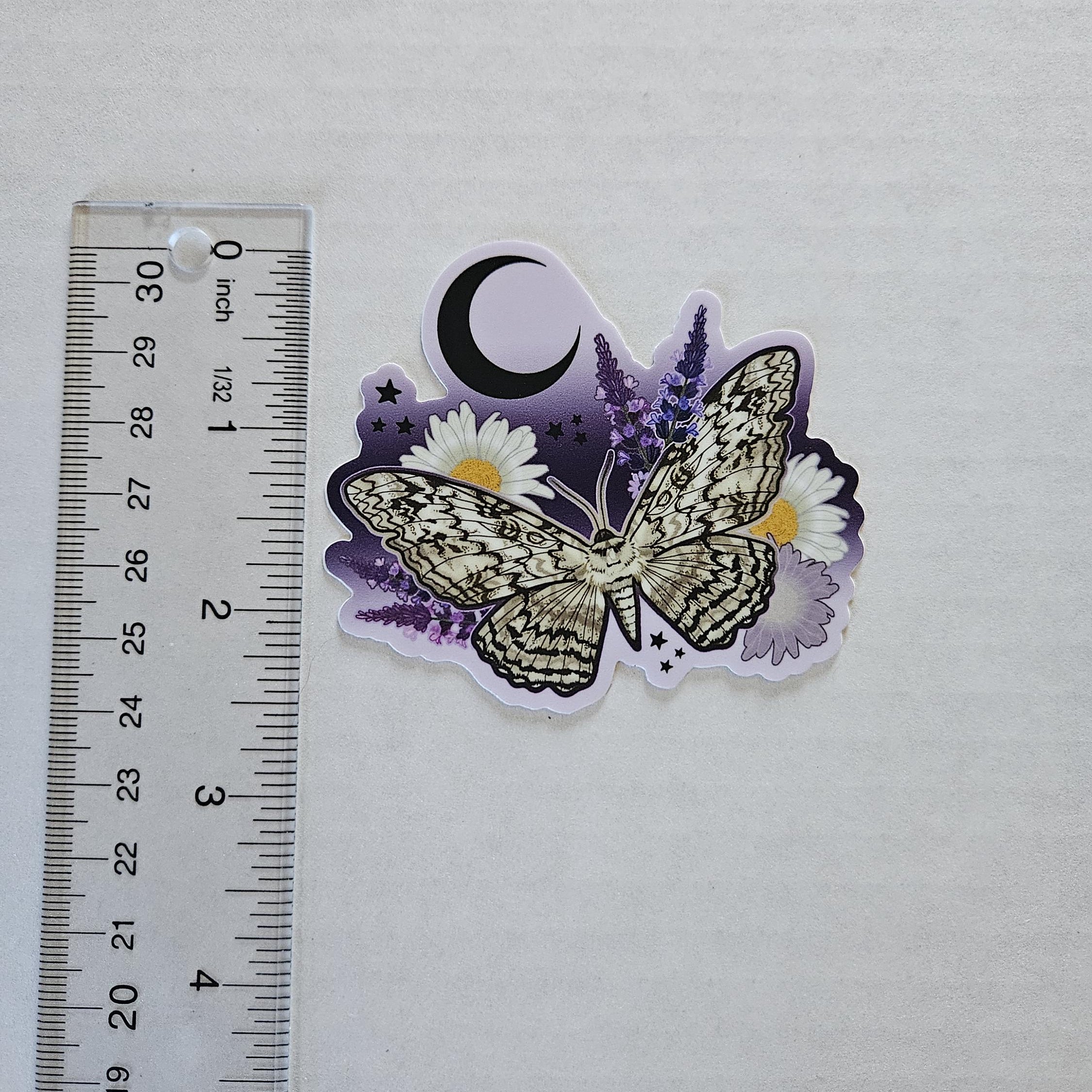 MATTE STICKER: White Witch Moth with Daisies and Lavender Acornandcrowstudio