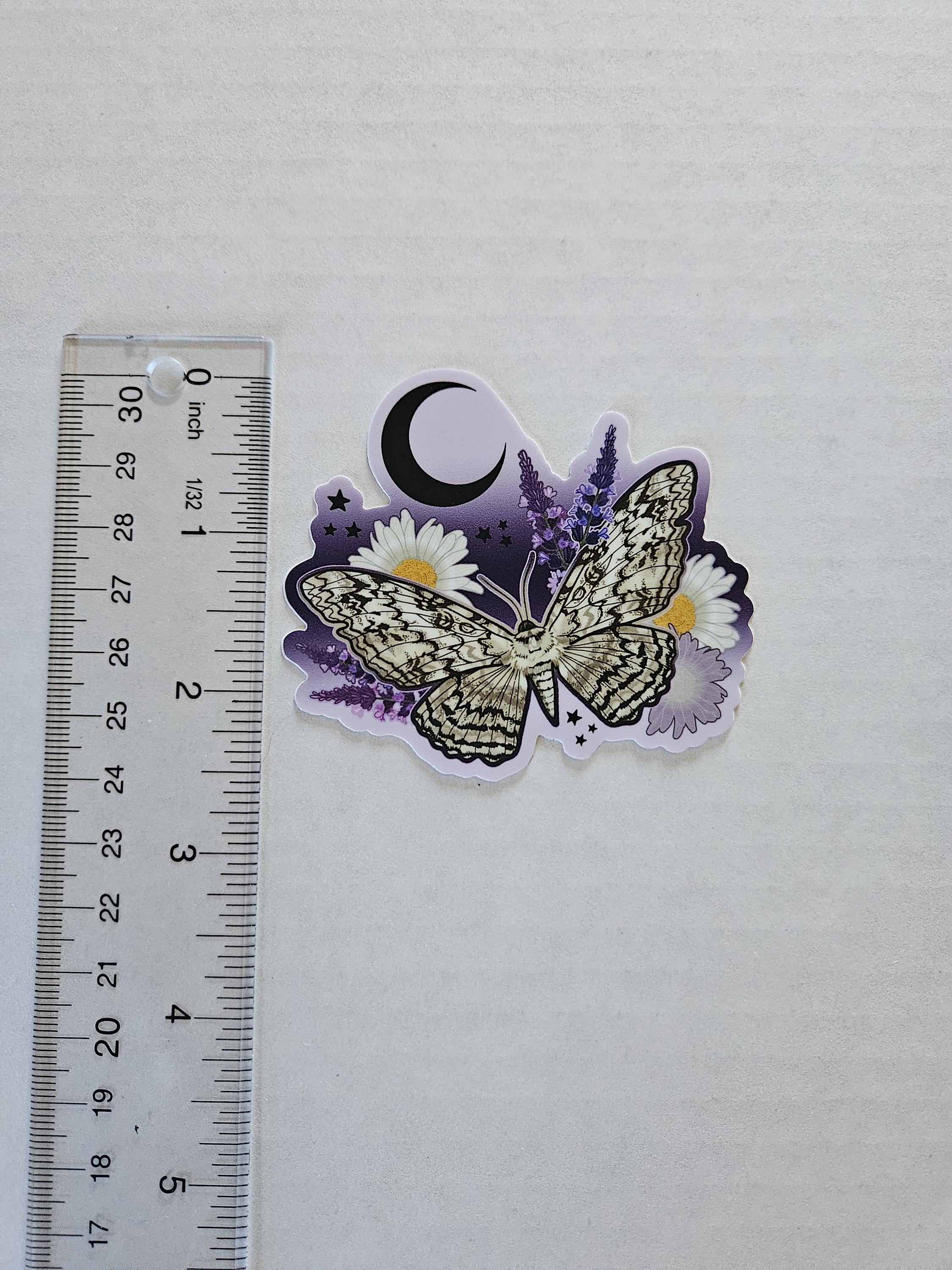 MATTE STICKER: White Witch Moth with Daisies and Lavender Acornandcrowstudio