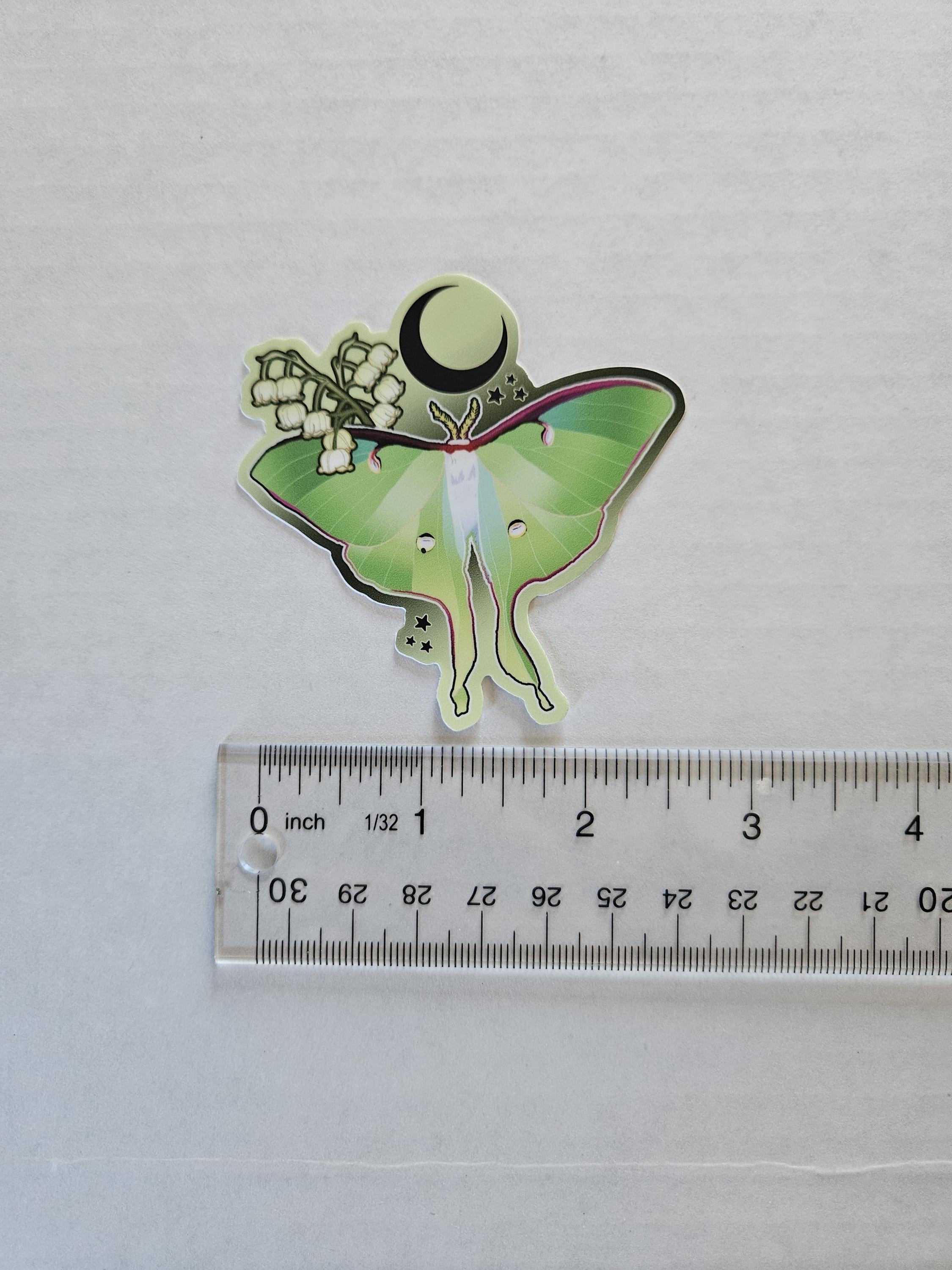 MATTE STICKER: Luna Moth and Lily of the Valley Acornandcrowstudio
