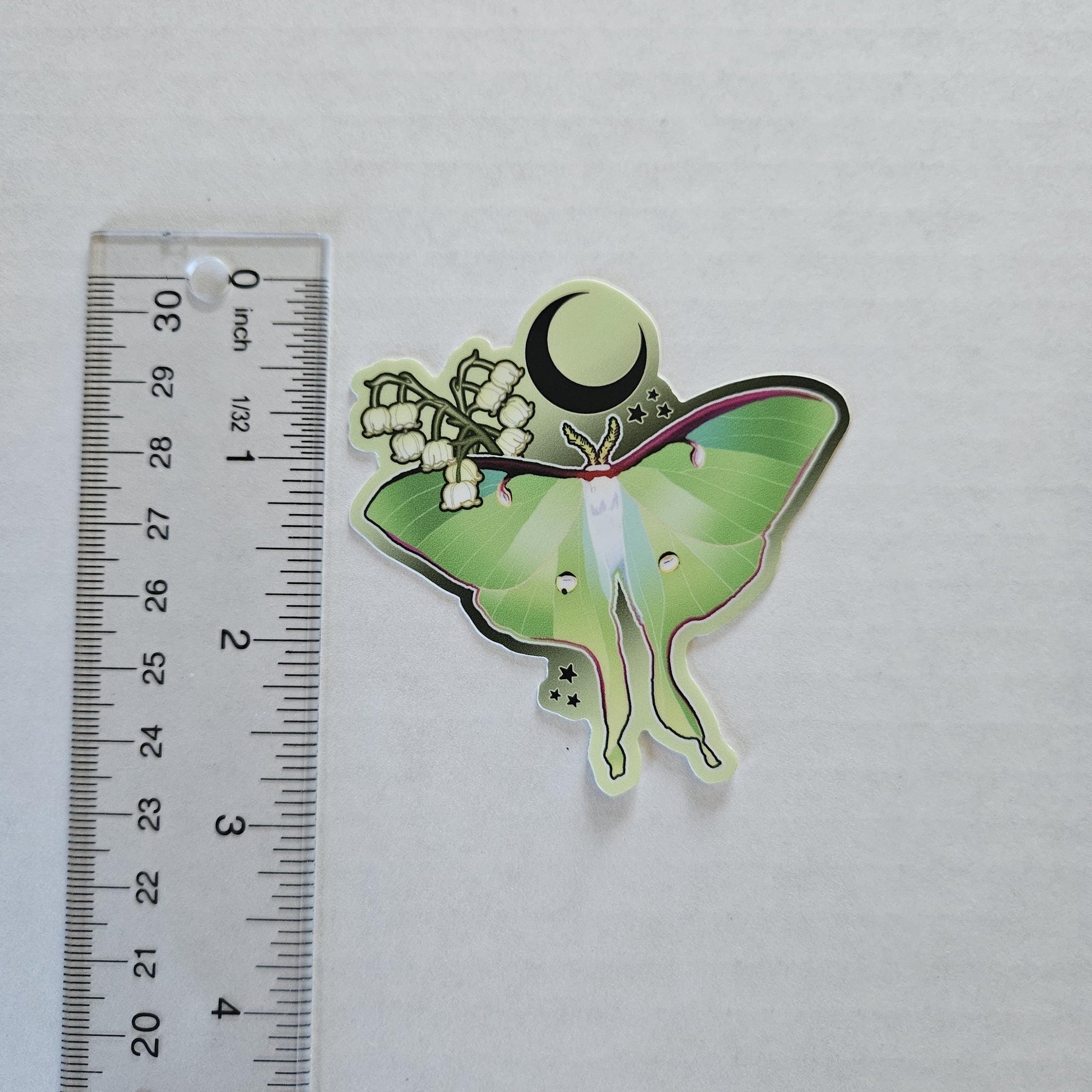 MATTE STICKER: Luna Moth and Lily of the Valley Acornandcrowstudio