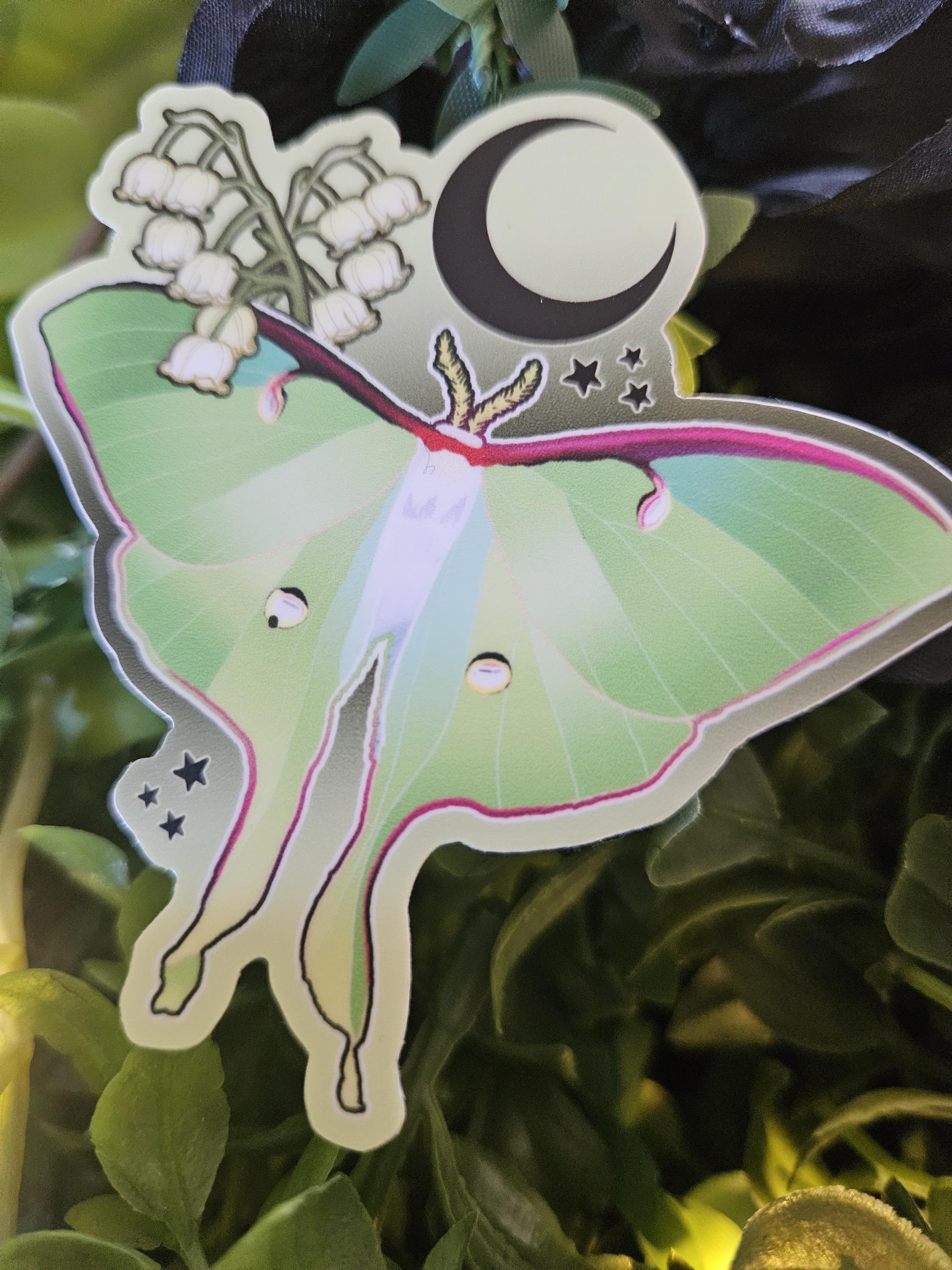 MATTE STICKER: Luna Moth and Lily of the Valley Acornandcrowstudio