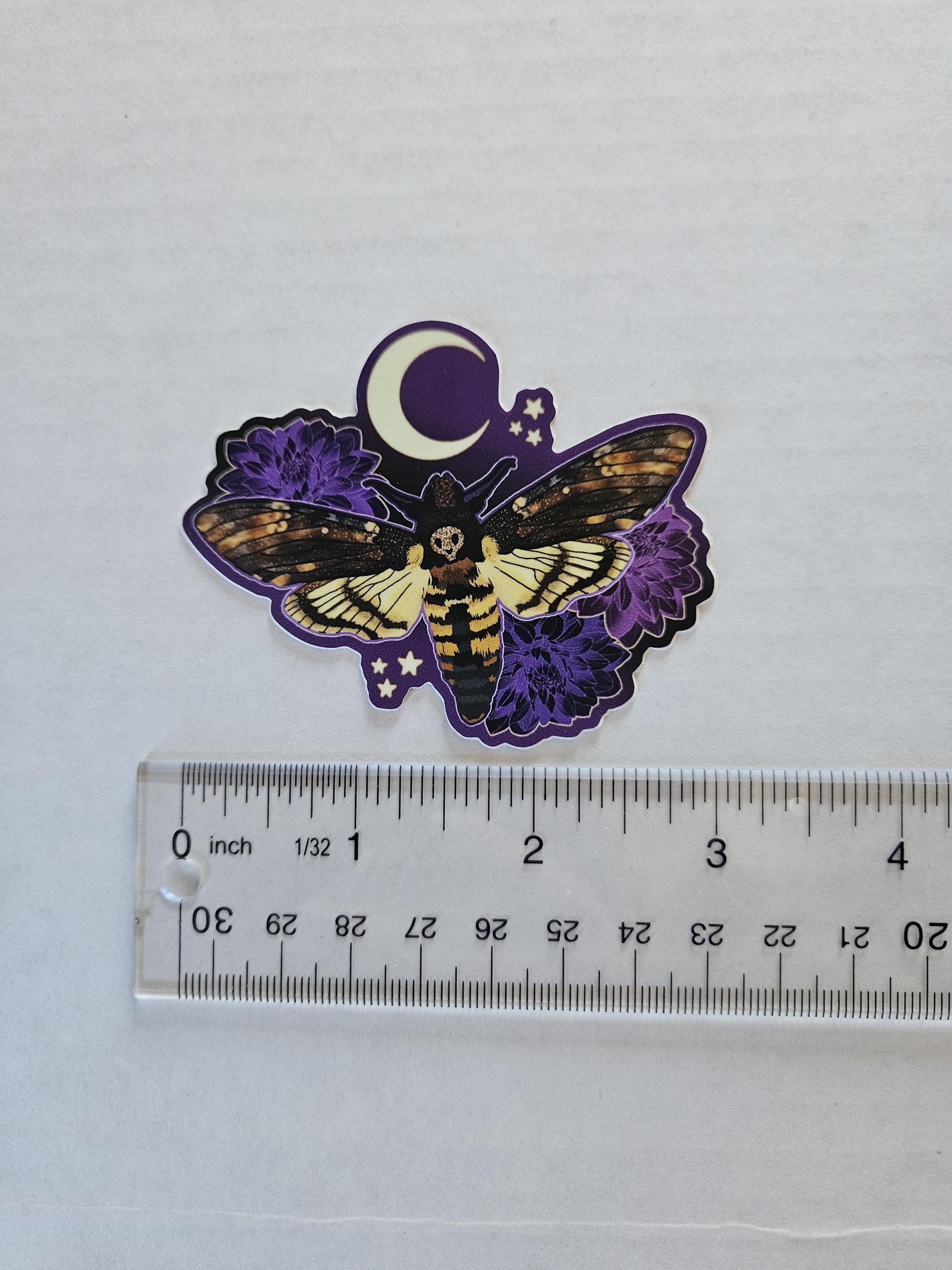 MATTE STICKER: Hawk Moth with Dahlias Acornandcrowstudio