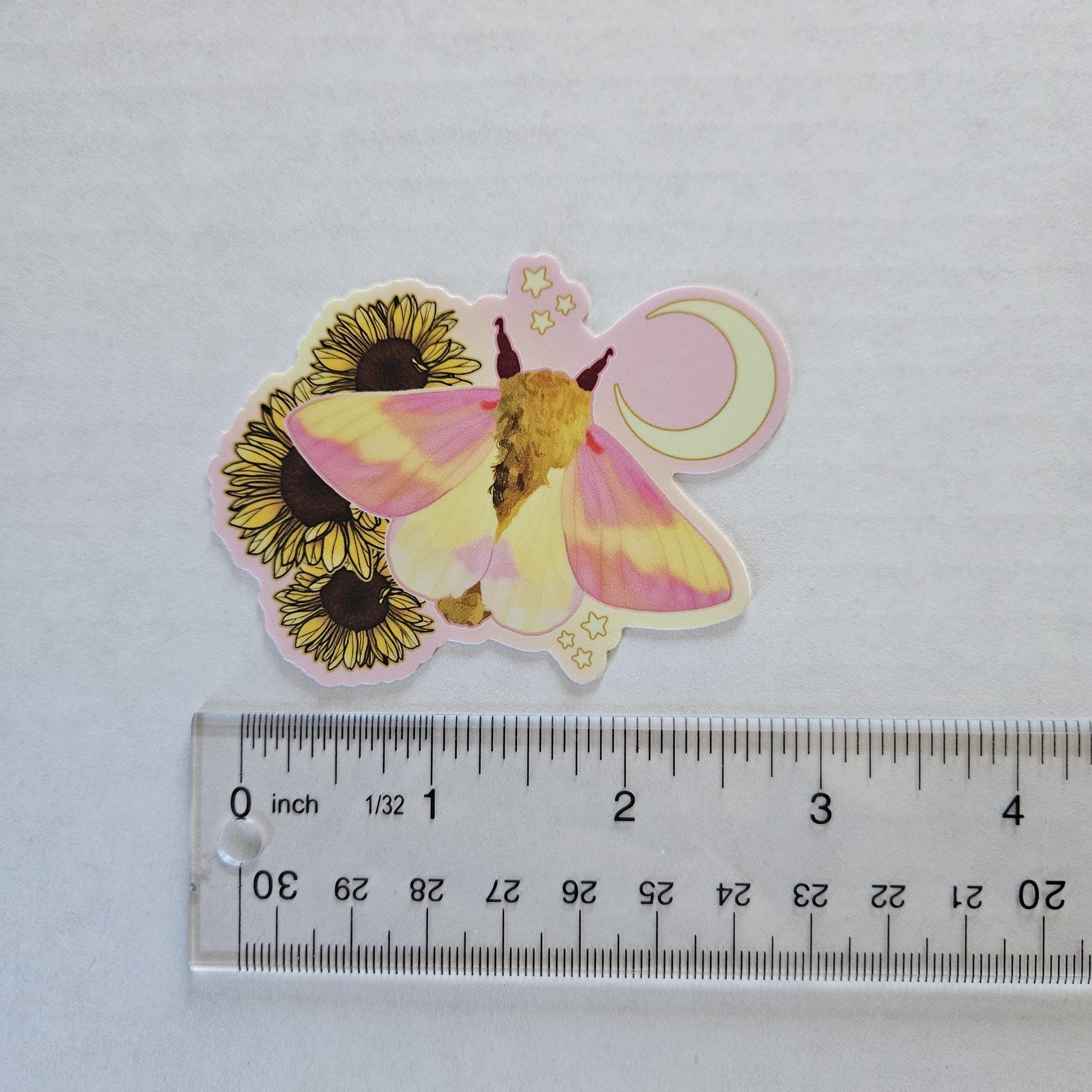 MATTE STICKER: Rosy Maple Moth and Sunflowers Acornandcrowstudio