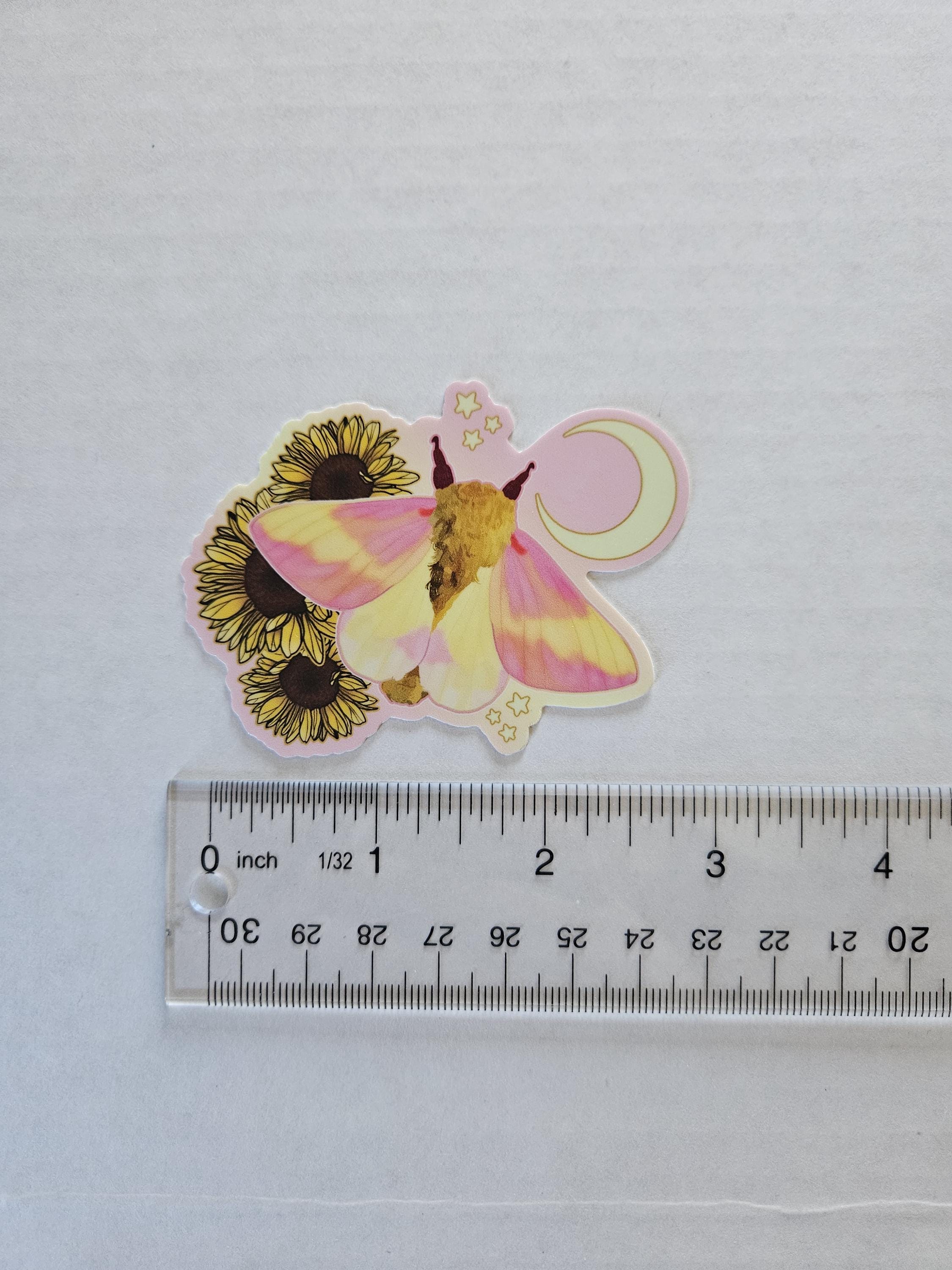 MATTE STICKER: Rosy Maple Moth and Sunflowers Acornandcrowstudio