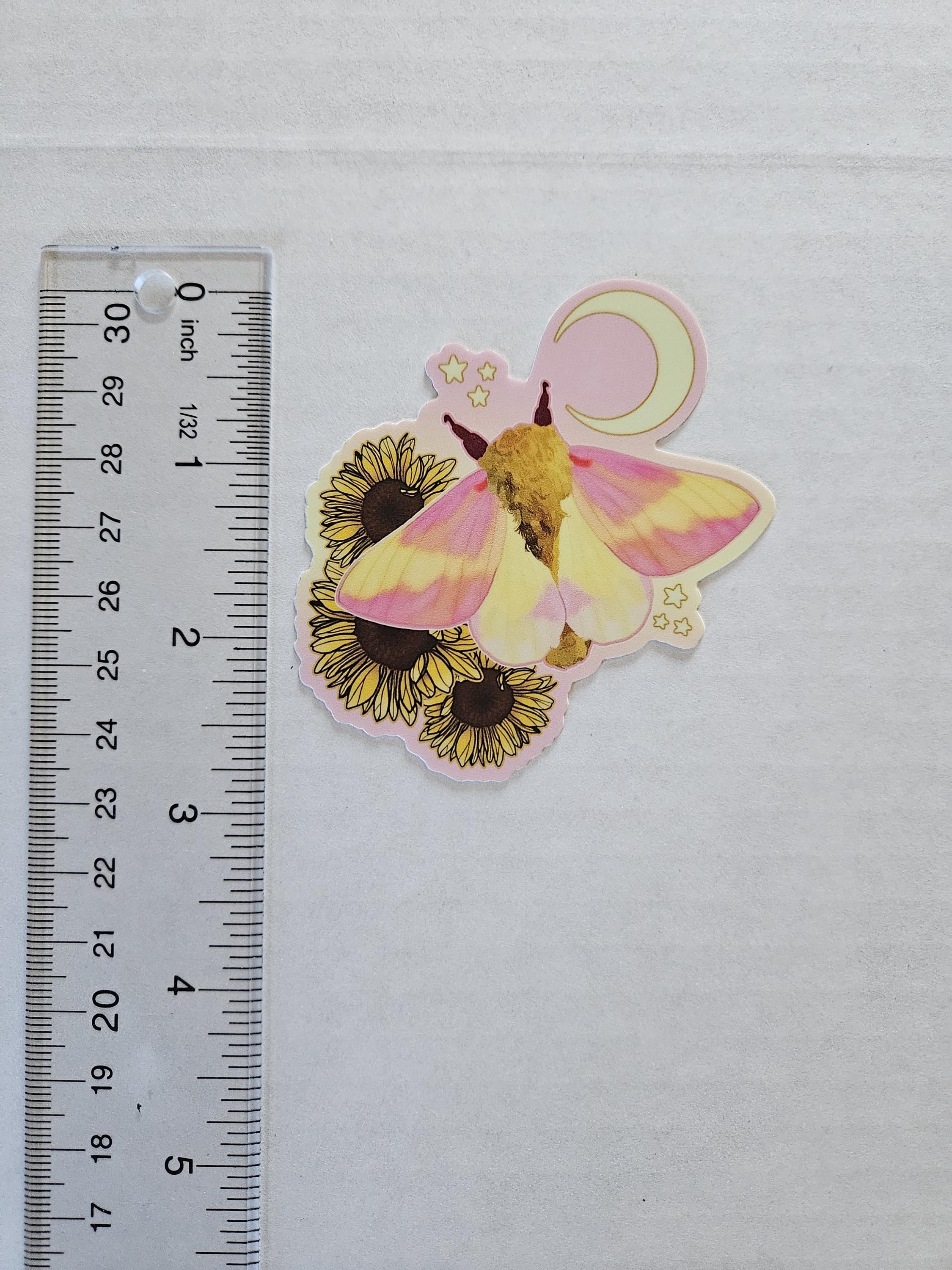 MATTE STICKER: Rosy Maple Moth and Sunflowers Acornandcrowstudio