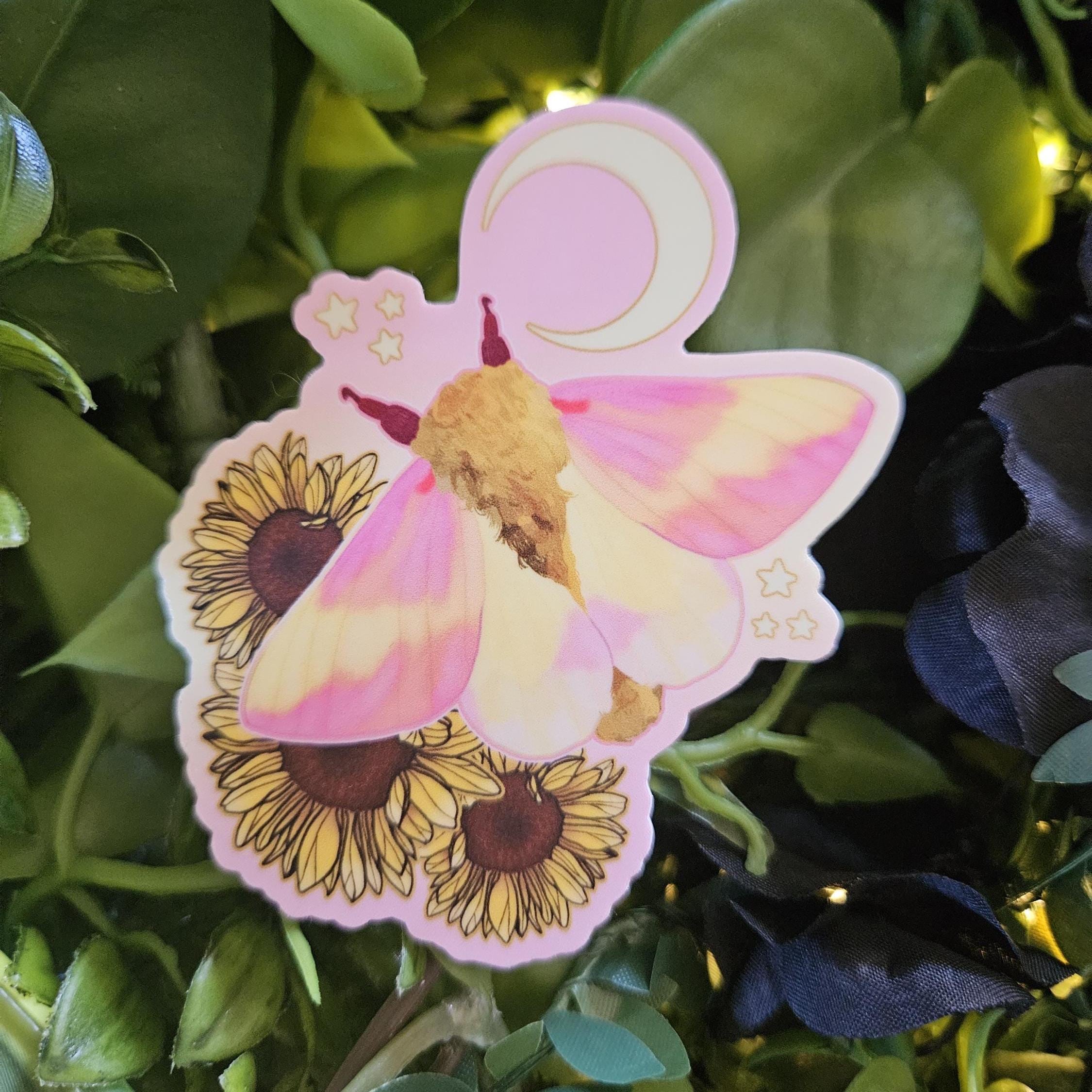 MATTE STICKER: Rosy Maple Moth and Sunflowers Acornandcrowstudio