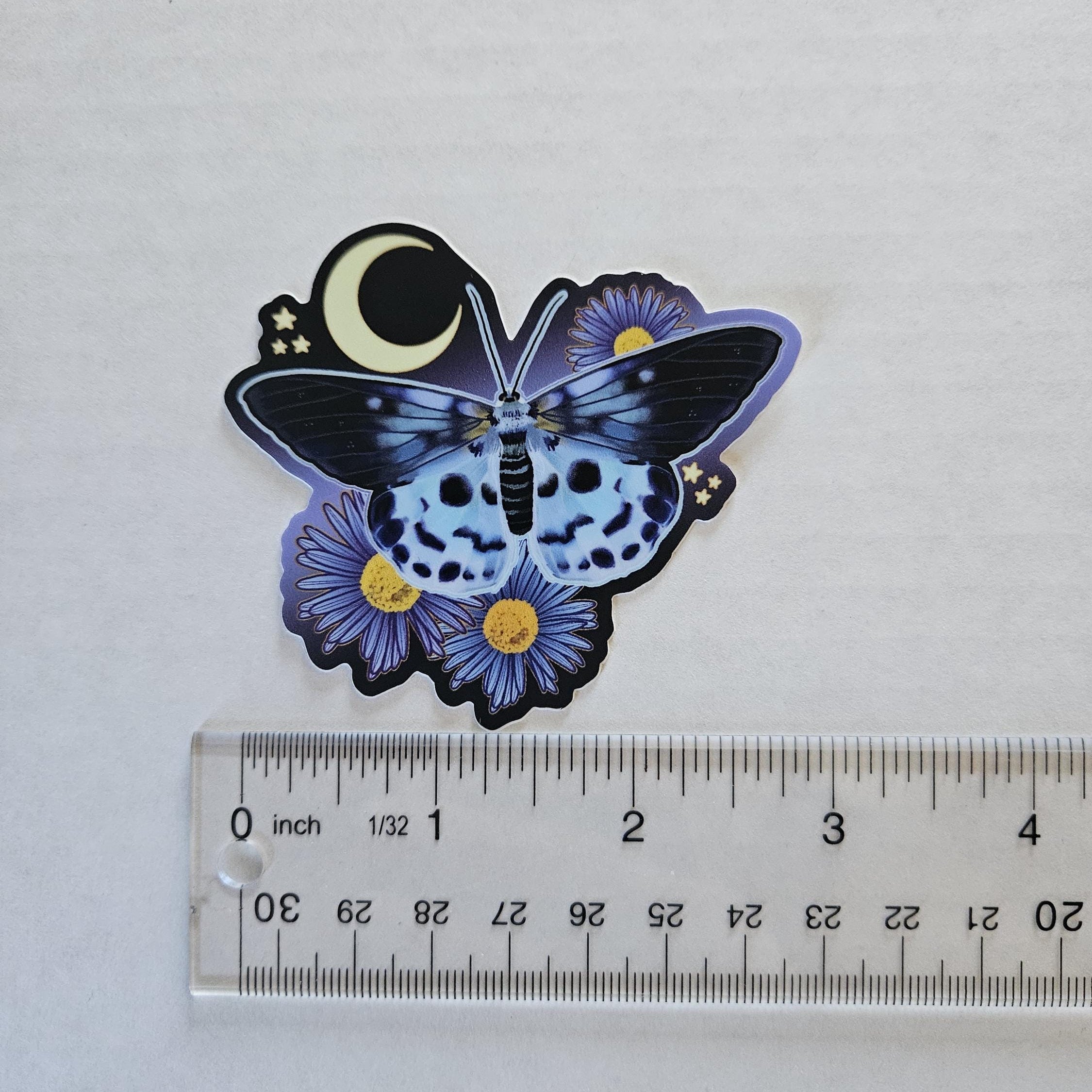 MATTE STICKER: Blue Tiger Moth with Aster Flowers Acornandcrowstudio