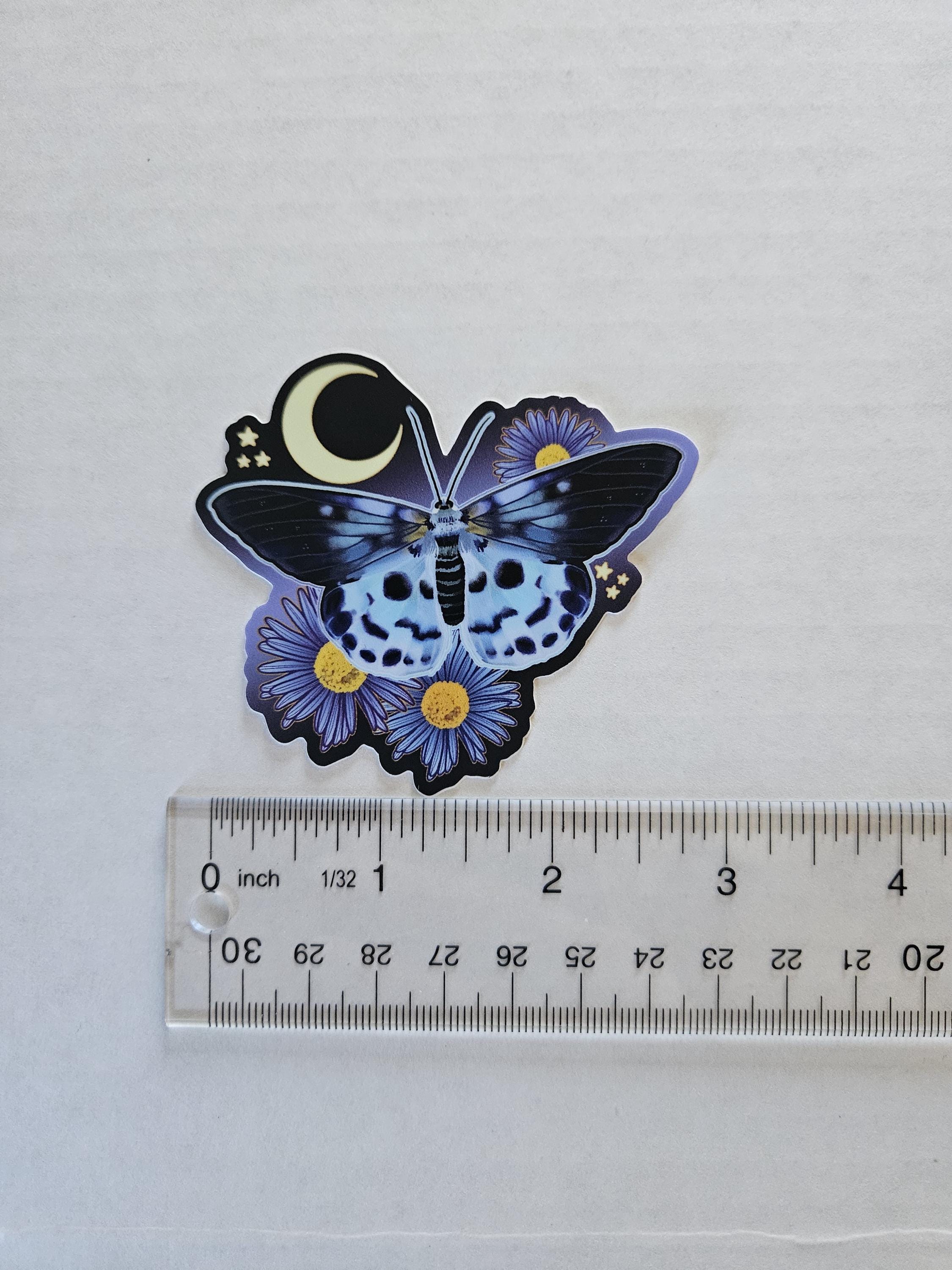 MATTE STICKER: Blue Tiger Moth with Aster Flowers Acornandcrowstudio