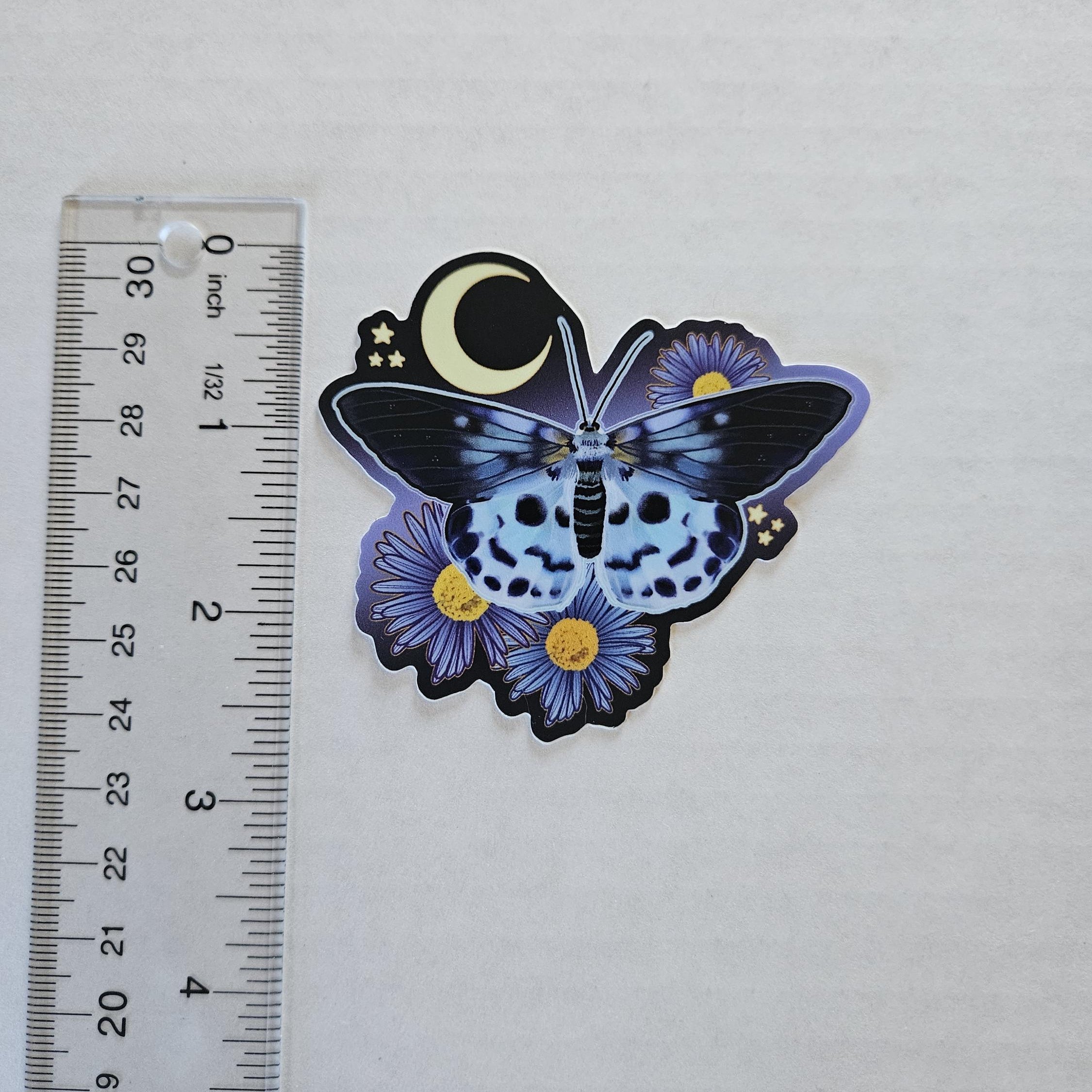 MATTE STICKER: Blue Tiger Moth with Aster Flowers Acornandcrowstudio