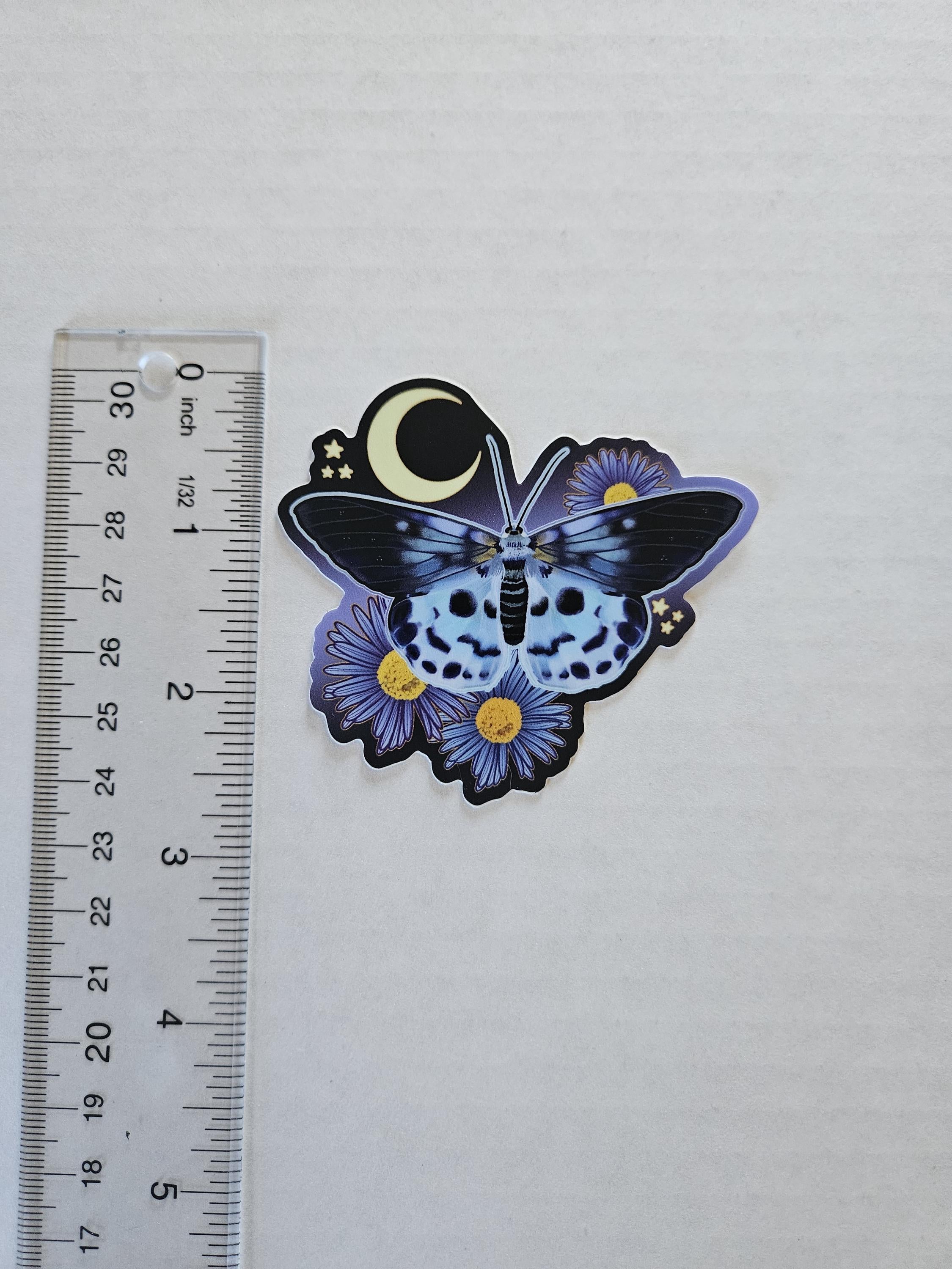 MATTE STICKER: Blue Tiger Moth with Aster Flowers Acornandcrowstudio