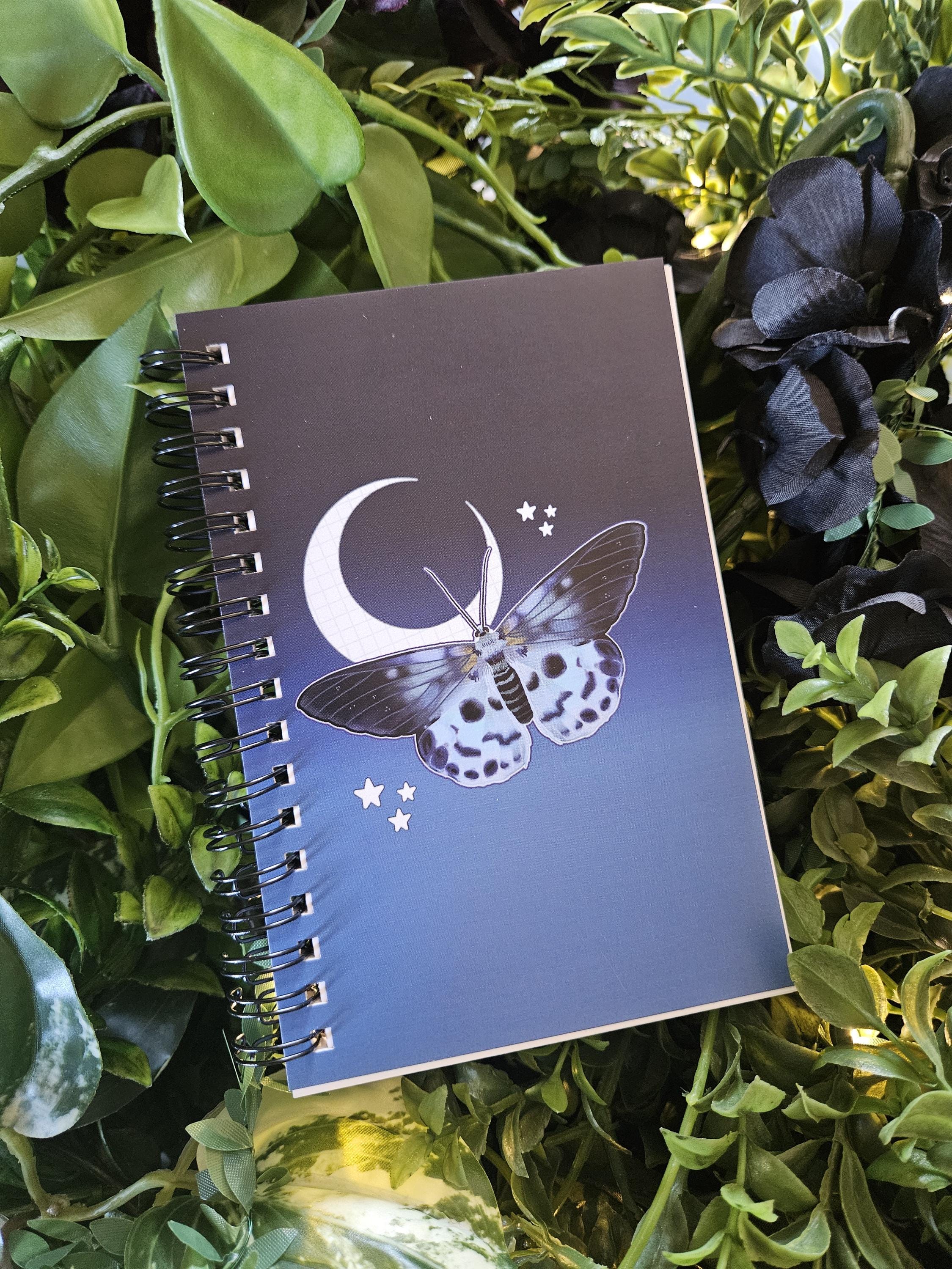 4x6 HANDMADE SPIRAL NOTEBOOK: Blue Tiger Moth Acornandcrowstudio