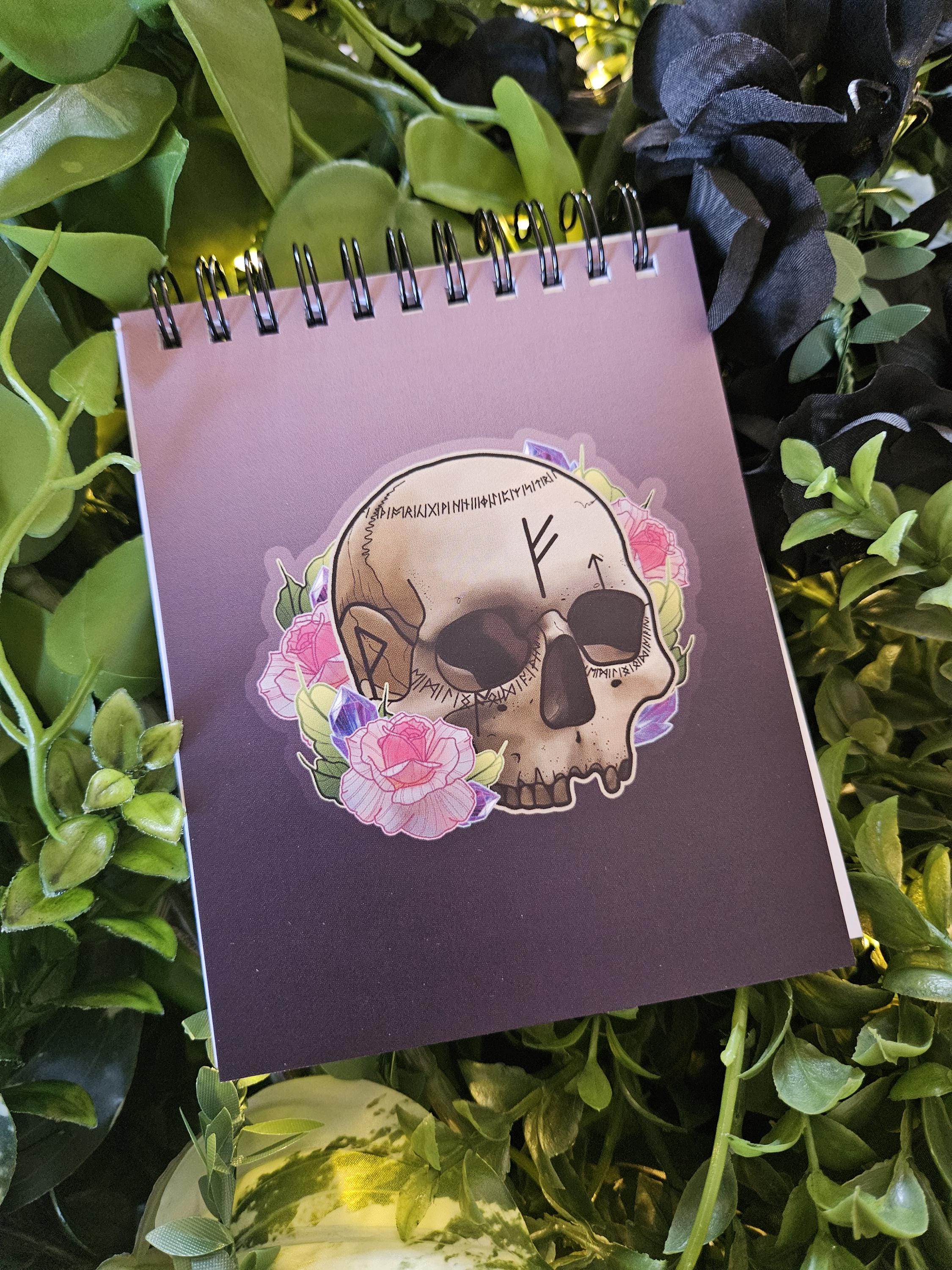 4x5 inches HANDMADE Top Bound SPIRAL NOTEBOOK: Rune Skull with Roses Acornandcrowstudio
