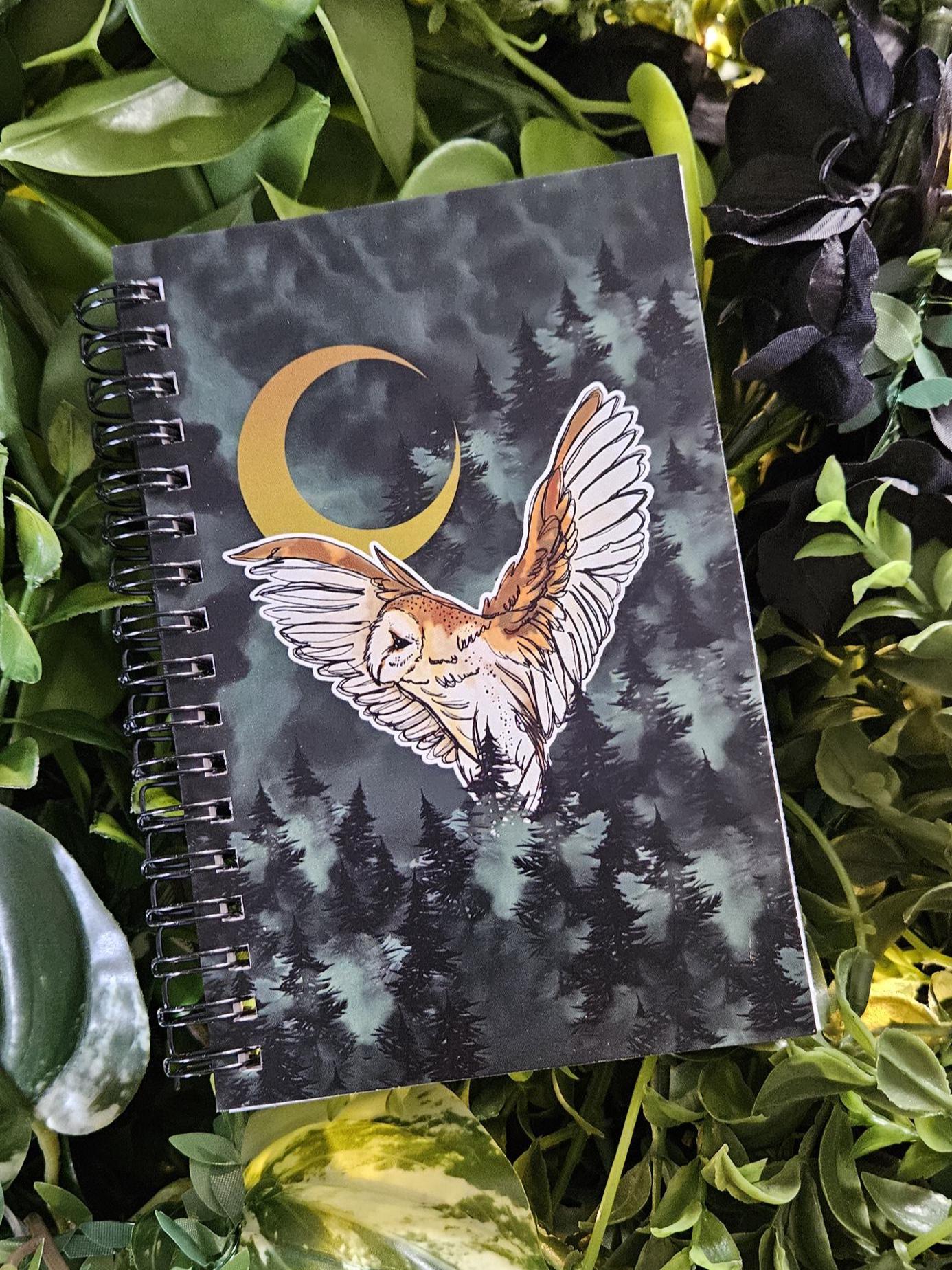 4x6 HANDMADE SPIRAL NOTEBOOK: Barn Owl and Dark Forest Acornandcrowstudio