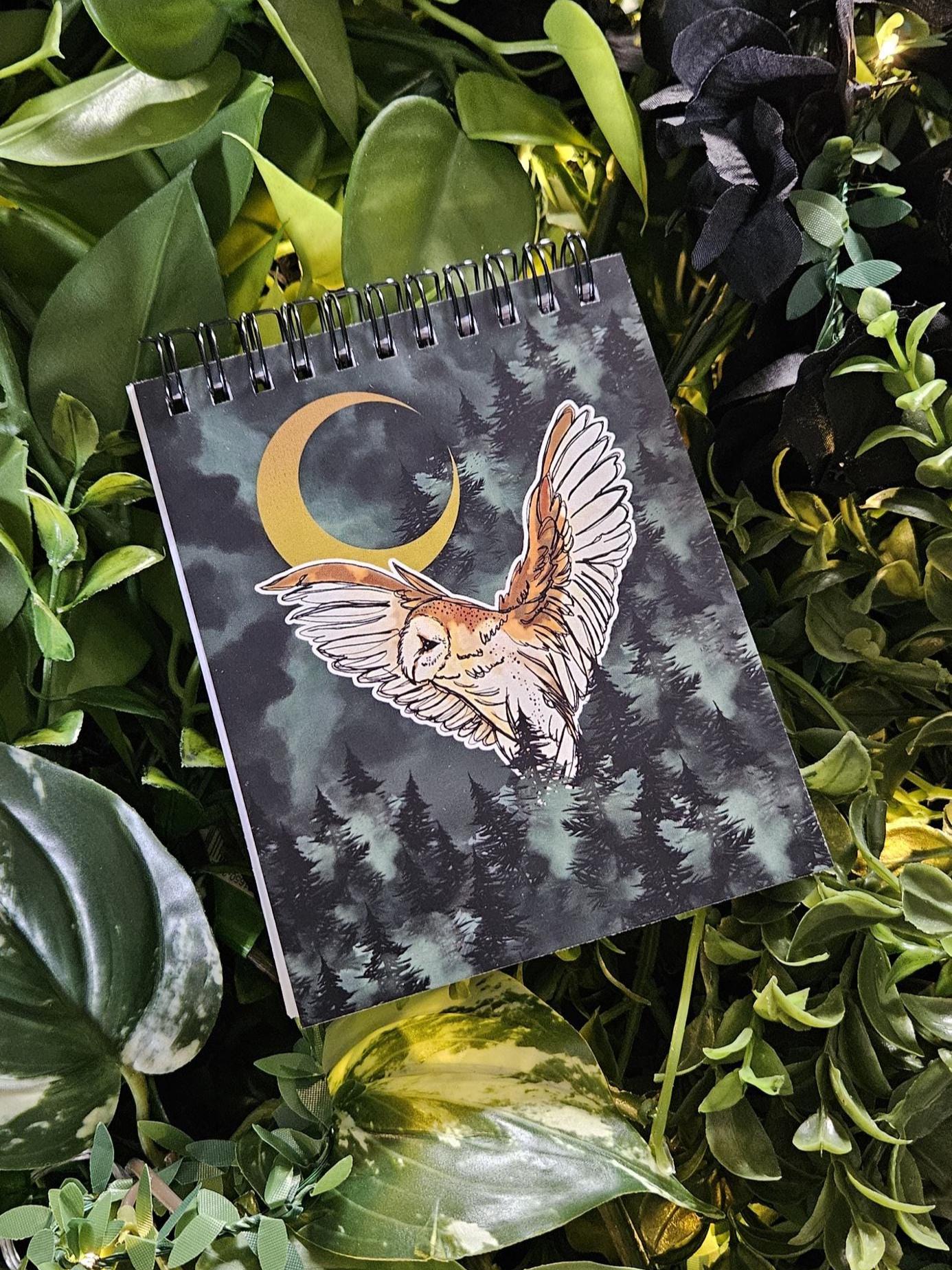 4x5 Top Bound HANDMADE SPIRAL NOTEBOOK: Barn Owl and Dark Forest Acornandcrowstudio