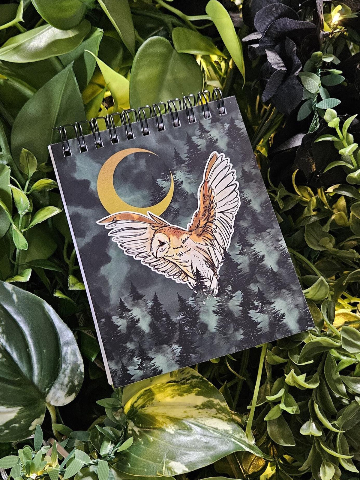 4x5 Top Bound HANDMADE SPIRAL NOTEBOOK: Barn Owl and Dark Forest Acornandcrowstudio