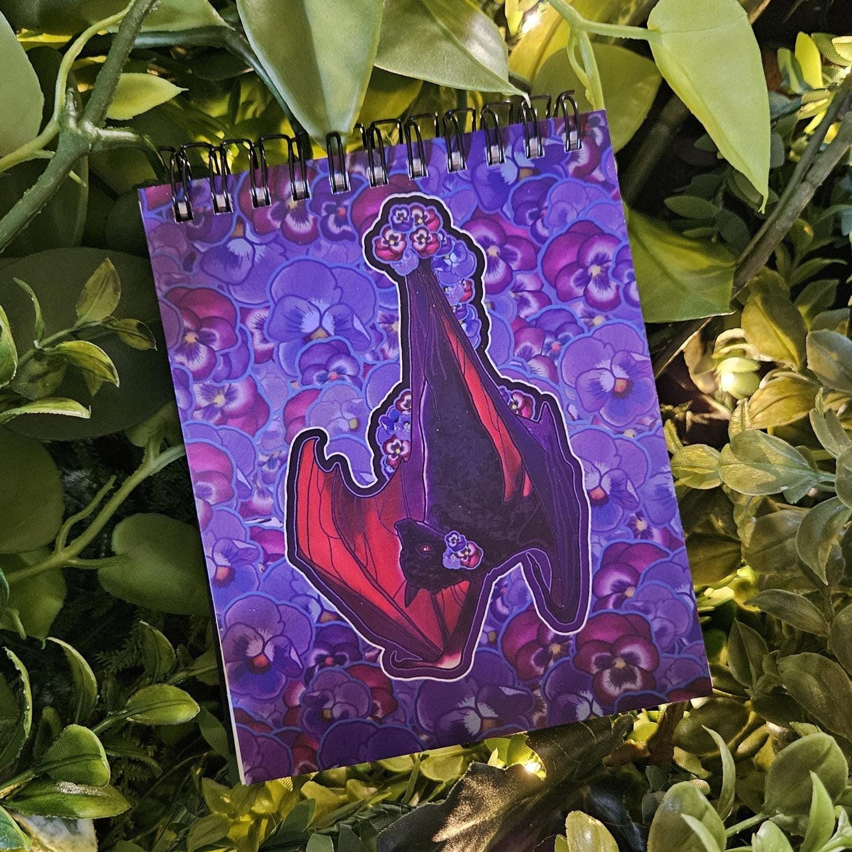 4x5 inches HANDMADE Top Bound SPIRAL NOTEBOOK: Pansy Bat with Peony Flowers