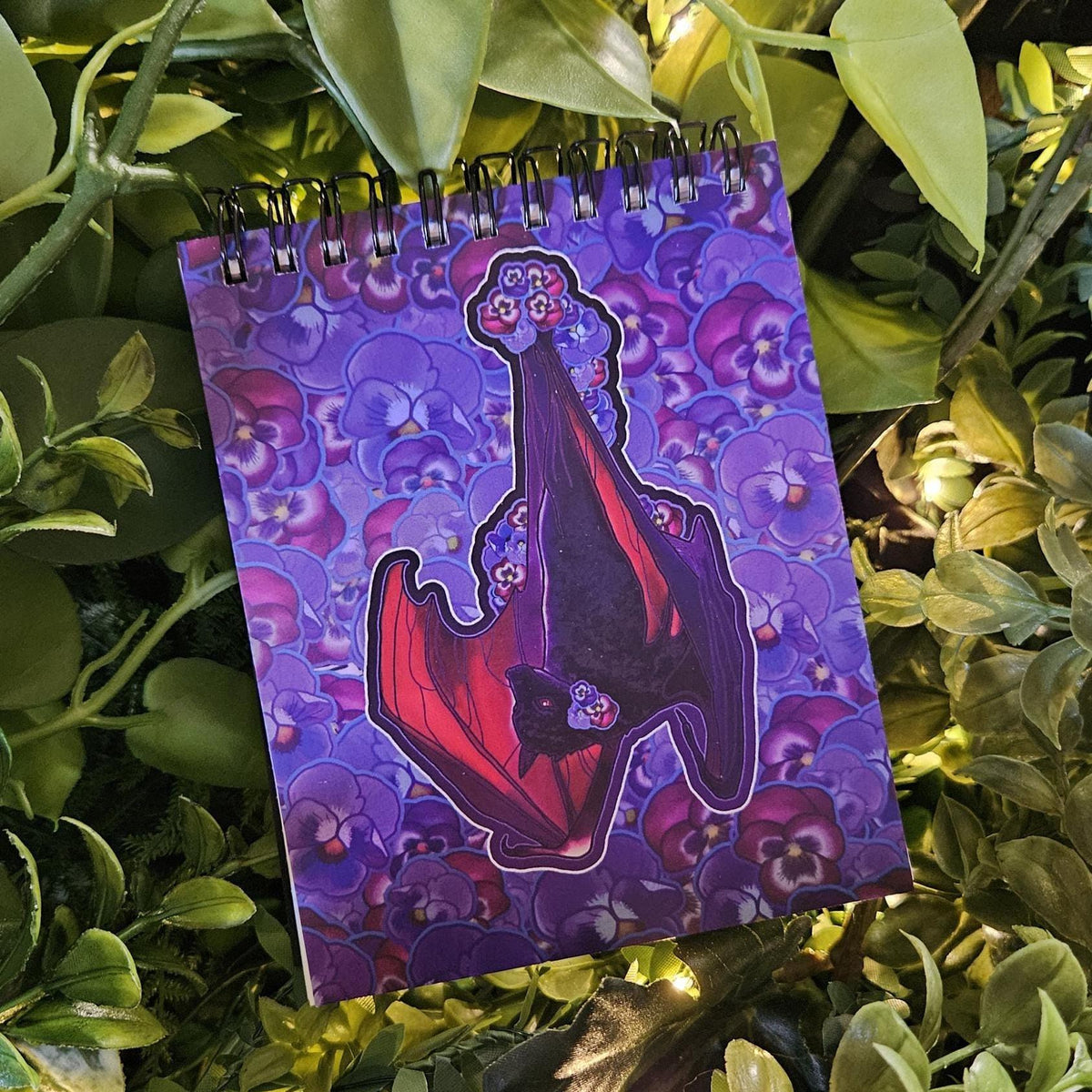 4x5 inches HANDMADE Top Bound SPIRAL NOTEBOOK: Pansy Bat with Peony Flowers Acornandcrowstudio