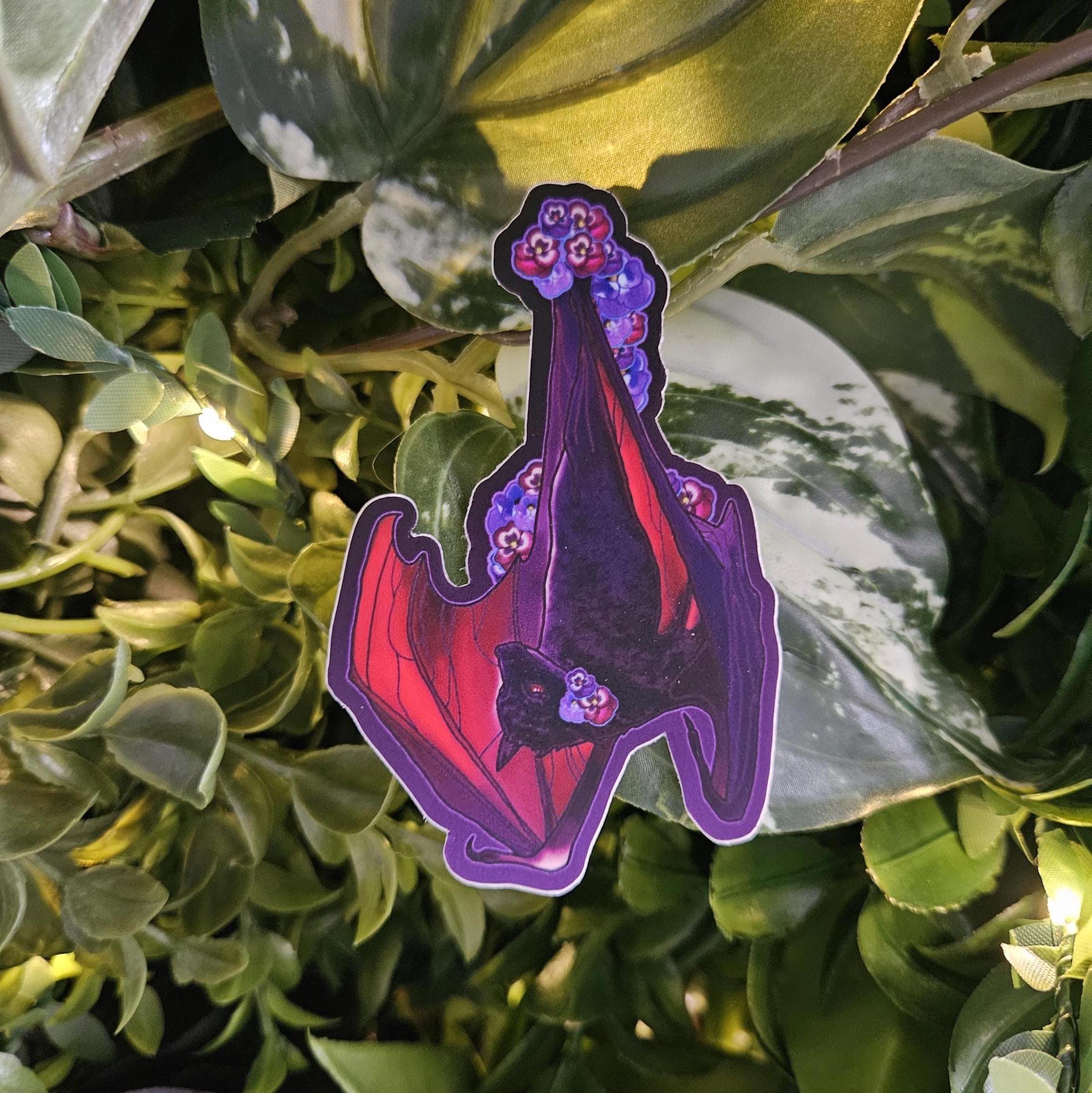 MATTE STICKER: Pansy Bat , Purple and Red Pansies and Bat Sticker , Blossoms and Bat Sticker , Pansy Floral and Bat Decorative Sticker Acornandcrowstudio