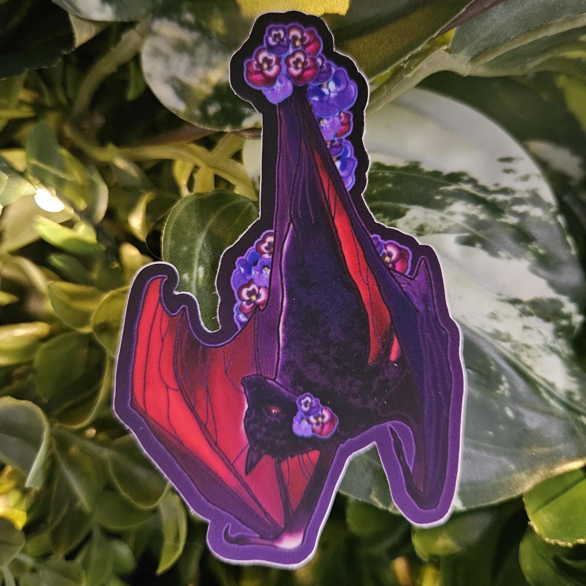 MATTE STICKER: Pansy Bat , Purple and Red Pansies and Bat Sticker , Blossoms and Bat Sticker , Pansy Floral and Bat Decorative Sticker Acornandcrowstudio