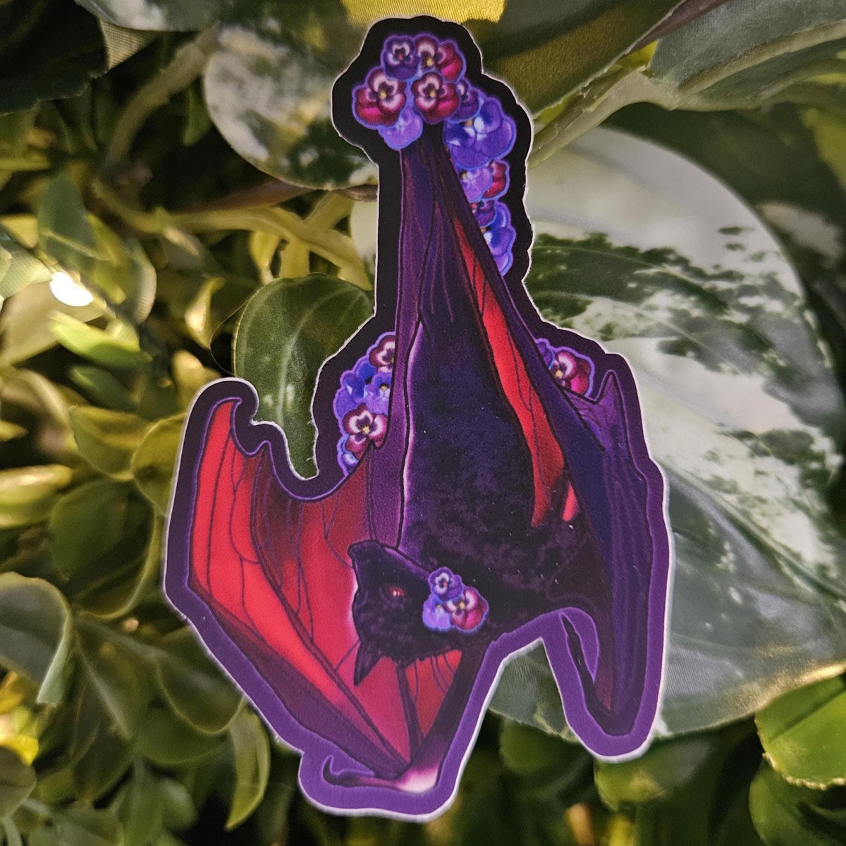 MATTE STICKER: Pansy Bat , Purple and Red Pansies and Bat Sticker , Blossoms and Bat Sticker , Pansy Floral and Bat Decorative Sticker Acornandcrowstudio