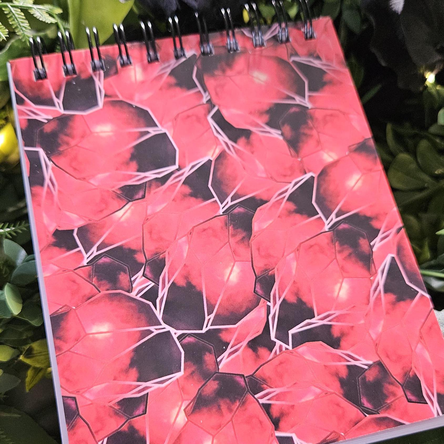 4x5 inches HANDMADE Top Bound SPIRAL NOTEBOOK: Garnet Crystal with Carnations Acornandcrowstudio