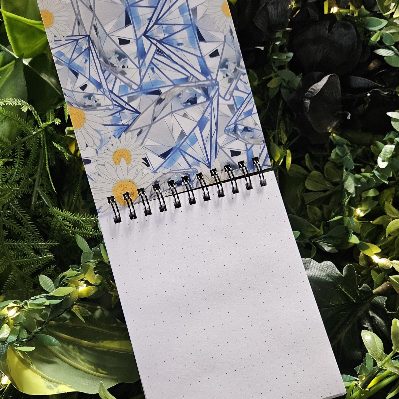 4x5 inches HANDMADE Top Bound SPIRAL NOTEBOOK: Diamond with Daisies Acornandcrowstudio